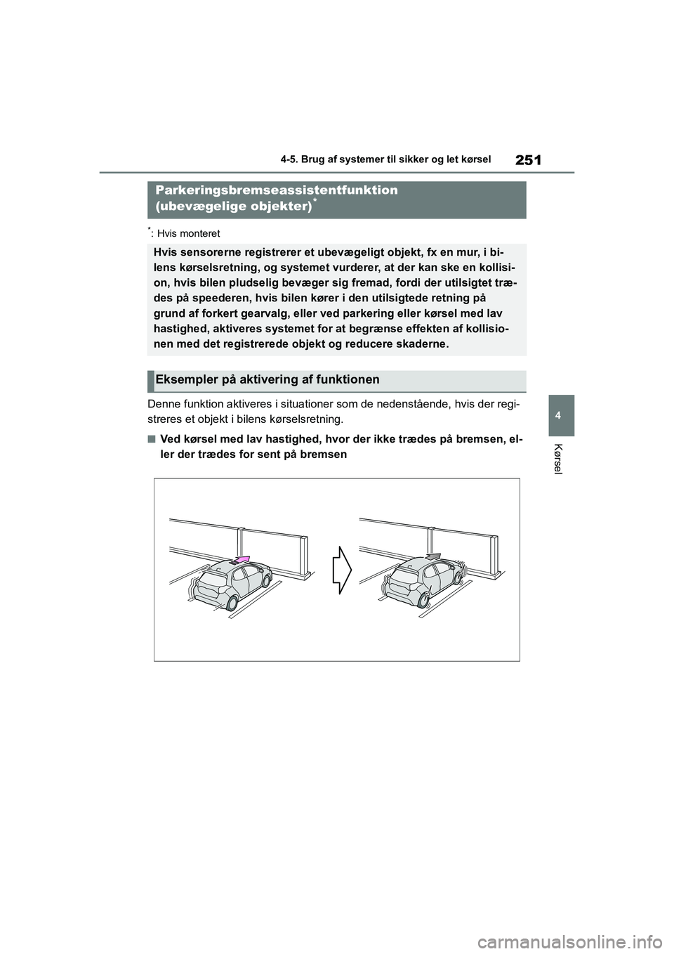 TOYOTA YARIS HATCHBACK 2021  Brugsanvisning (in Danish) 251
4
YARIS(HB) Owners Manual_Europe_MK0001_da
4-5. Brug af systemer til sikker og let kørsel
Kørsel
*: Hvis monteret
Denne funktion aktiveres i situationer som de nedenstående, hvis der regi-
str