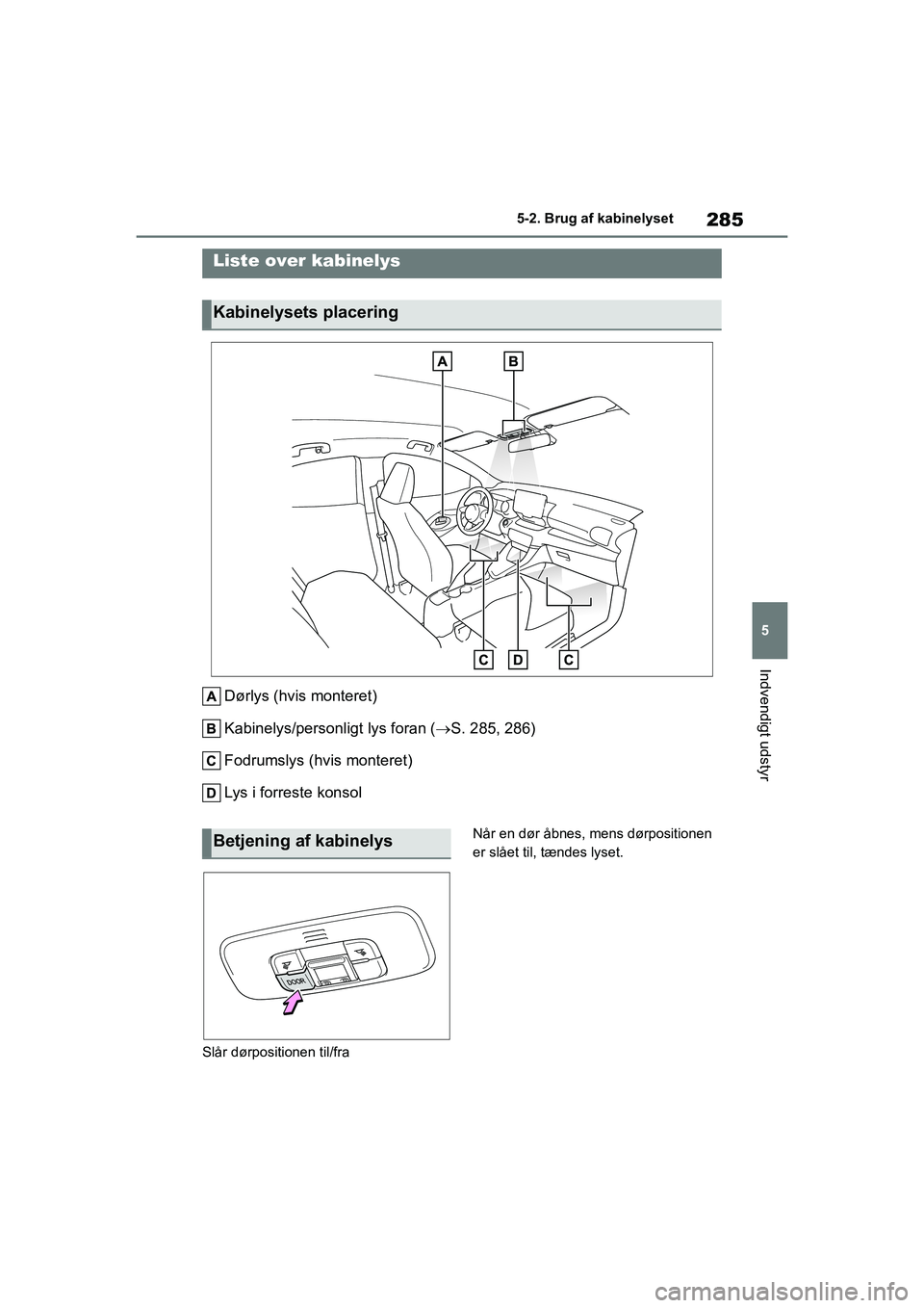 TOYOTA YARIS HATCHBACK 2021  Brugsanvisning (in Danish) 285
5
YARIS(HB) Owners Manual_Europe_MK0001_da
5-2. Brug af kabinelyset
Indvendigt udstyr
5-2.Brug af kabinelyset
Dørlys (hvis monteret)
Kabinelys/personligt lys foran (S. 285, 286)
Fodrumslys (h