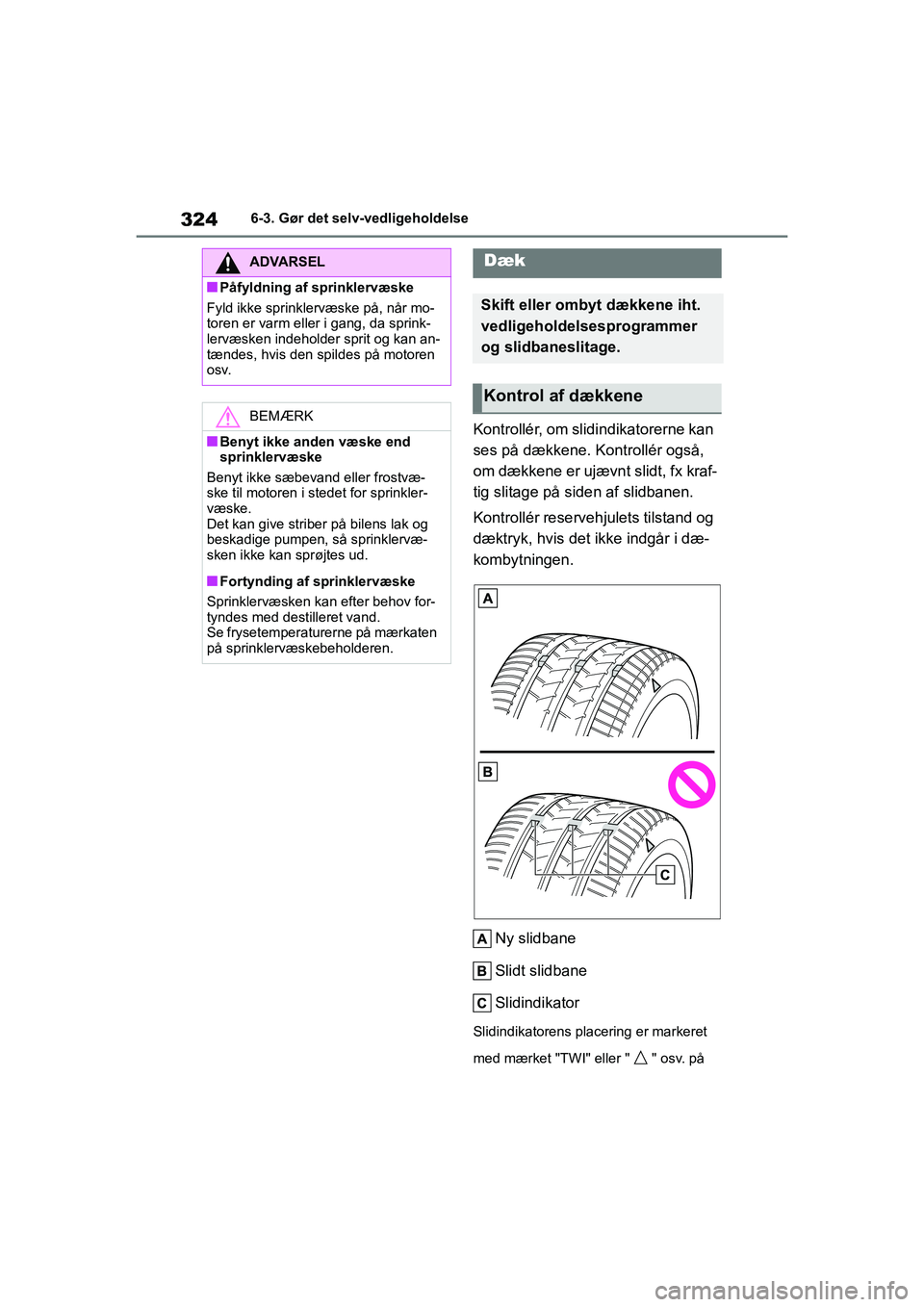 TOYOTA YARIS HATCHBACK 2021 Brugsanvisning (in Danish) 324
YARIS(HB) Owners Manual_Europe_MK0001_da
6-3. Gør det selv-vedligeholdelse
Kontrollér, om slidindikatorerne kan
ses på dækkene. Kontrollér også,
om dækkene er ujævnt slidt, fx kraf-
tig TOYOTA YARIS HATCHBACK 2021 Brugsanvisning (in Danish) 324
YARIS(HB) Owners Manual_Europe_MK0001_da
6-3. Gør det selv-vedligeholdelse
Kontrollér, om slidindikatorerne kan
ses på dækkene. Kontrollér også,
om dækkene er ujævnt slidt, fx kraf-
tig