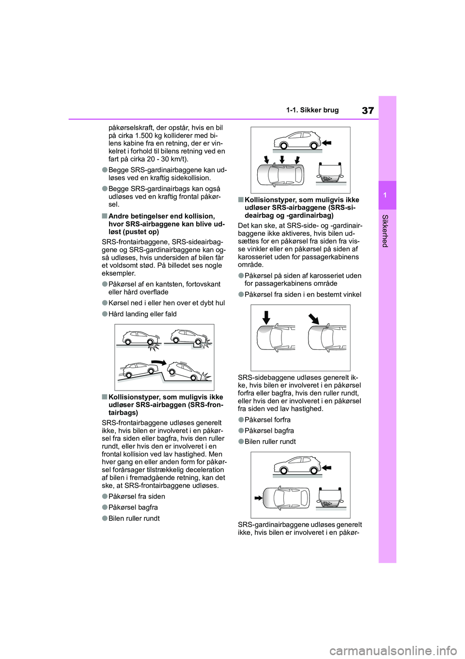 TOYOTA YARIS HATCHBACK 2021 Brugsanvisning (in Danish) 37
1
YARIS(HB) Owners Manual_Europe_MK0001_da
1-1. Sikker brug
Sikkerhed
påkørselskraft, der opstår, hvis en bil
på cirka 1.500 kg kolliderer med bi-
lens kabine fra en retning, der er vin-
kelr TOYOTA YARIS HATCHBACK 2021 Brugsanvisning (in Danish) 37
1
YARIS(HB) Owners Manual_Europe_MK0001_da
1-1. Sikker brug
Sikkerhed
påkørselskraft, der opstår, hvis en bil
på cirka 1.500 kg kolliderer med bi-
lens kabine fra en retning, der er vin-
kelr