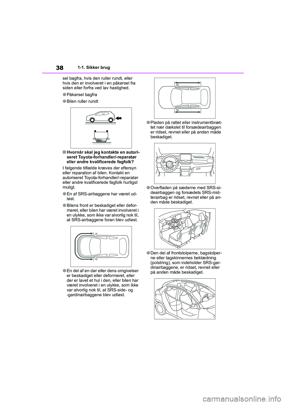 TOYOTA YARIS HATCHBACK 2021 Brugsanvisning (in Danish) 38
YARIS(HB) Owners Manual_Europe_MK0001_da
1-1. Sikker brug
sel bagfra, hvis den ruller rundt, eller
hvis den er involveret i en påkørsel fra
siden eller forfra ved lav hastighed.
lPåkørsel ba TOYOTA YARIS HATCHBACK 2021 Brugsanvisning (in Danish) 38
YARIS(HB) Owners Manual_Europe_MK0001_da
1-1. Sikker brug
sel bagfra, hvis den ruller rundt, eller
hvis den er involveret i en påkørsel fra
siden eller forfra ved lav hastighed.
lPåkørsel ba