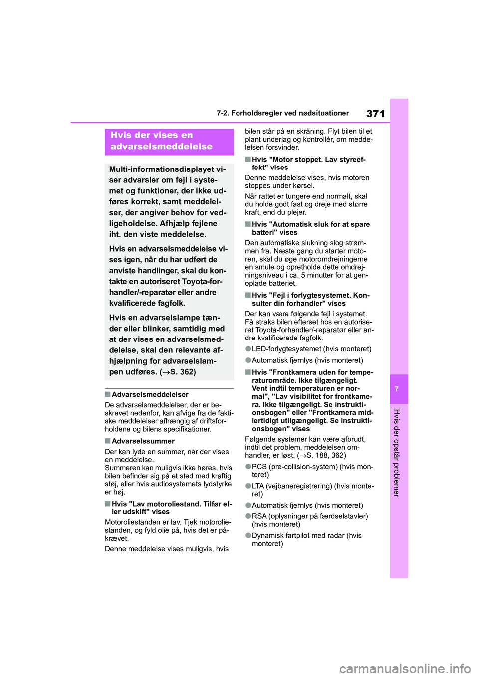 TOYOTA YARIS HATCHBACK 2021 Brugsanvisning (in Danish) 371
7
YARIS(HB) Owners Manual_Europe_MK0001_da
7-2. Forholdsregler ved nødsituationer
Hvis der opstår problemer
nAdvarselsmeddelelser
De advarselsmeddelelser, der er be-
skrevet nedenfor, kan afvig TOYOTA YARIS HATCHBACK 2021 Brugsanvisning (in Danish) 371
7
YARIS(HB) Owners Manual_Europe_MK0001_da
7-2. Forholdsregler ved nødsituationer
Hvis der opstår problemer
nAdvarselsmeddelelser
De advarselsmeddelelser, der er be-
skrevet nedenfor, kan afvig