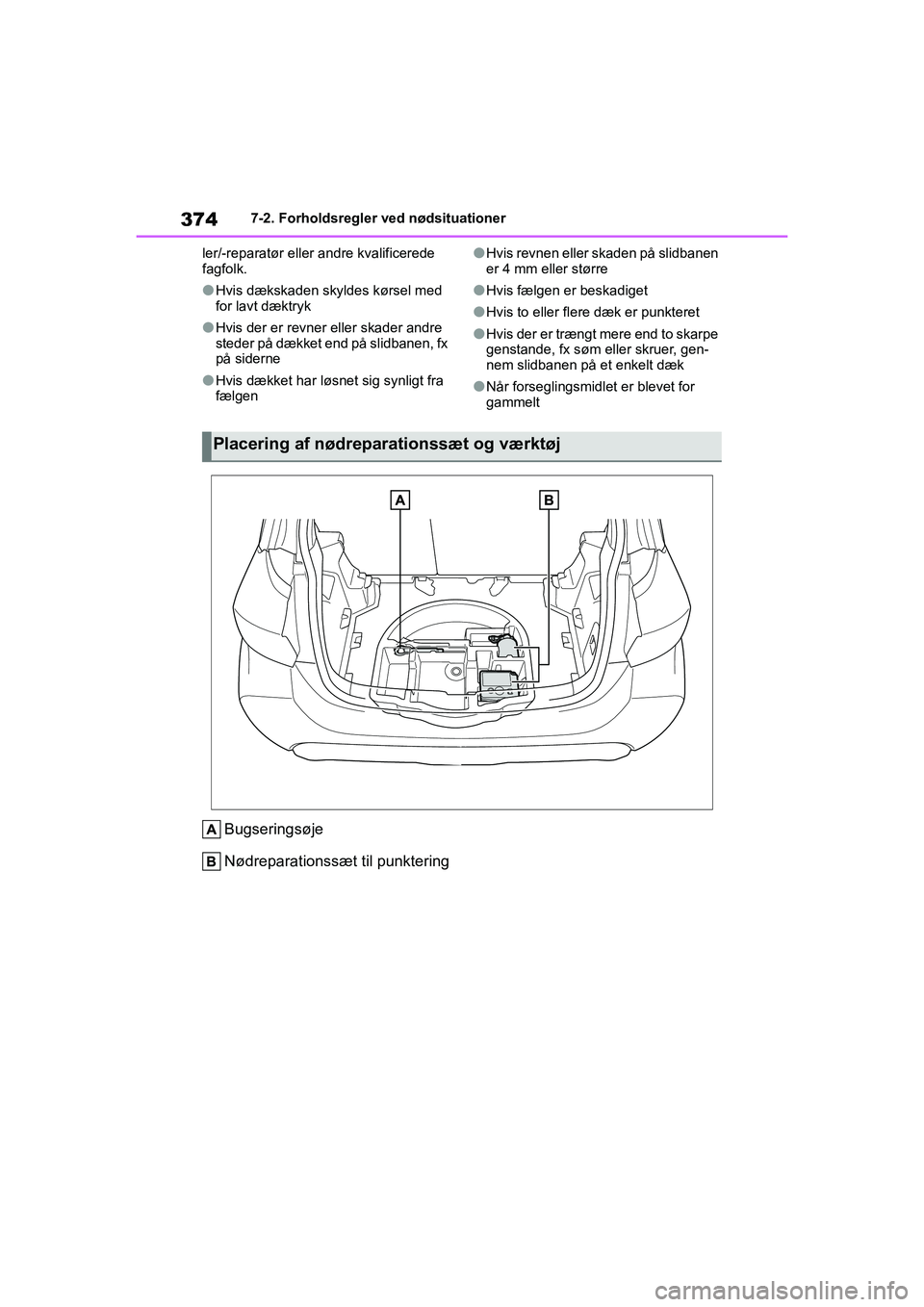 TOYOTA YARIS HATCHBACK 2021 Brugsanvisning (in Danish) 374
YARIS(HB) Owners Manual_Europe_MK0001_da
7-2. Forholdsregler ved nødsituationer
ler/-reparatør eller andre kvalificerede
fagfolk.
lHvis dækskaden skyldes kørsel med
for lavt dæktryk
lHvis TOYOTA YARIS HATCHBACK 2021 Brugsanvisning (in Danish) 374
YARIS(HB) Owners Manual_Europe_MK0001_da
7-2. Forholdsregler ved nødsituationer
ler/-reparatør eller andre kvalificerede
fagfolk.
lHvis dækskaden skyldes kørsel med
for lavt dæktryk
lHvis