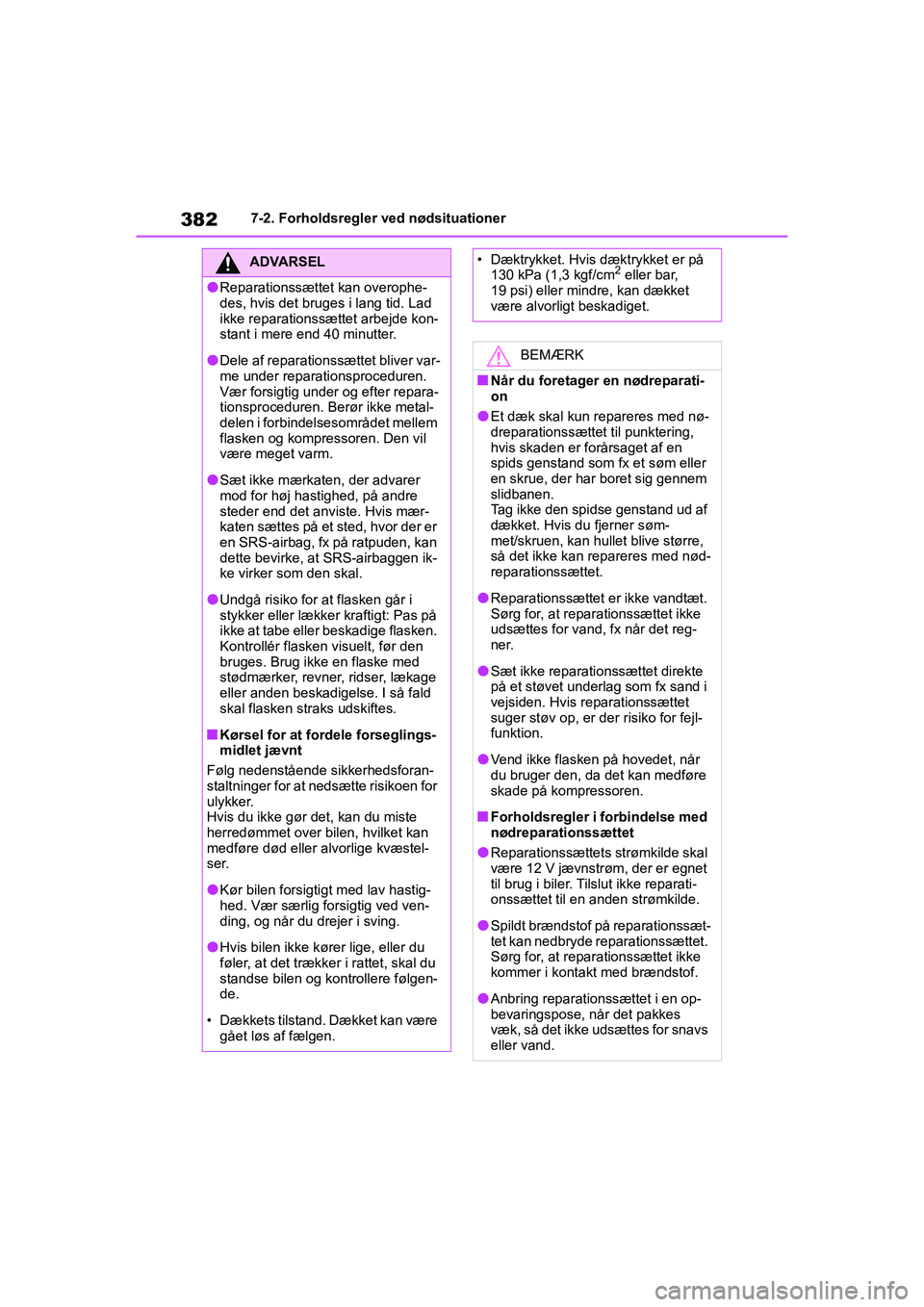 TOYOTA YARIS HATCHBACK 2021 Brugsanvisning (in Danish) 382
YARIS(HB) Owners Manual_Europe_MK0001_da
7-2. Forholdsregler ved nødsituationer
ADVARSEL
lReparationssættet kan overophe-
des, hvis det bruges i lang tid. Lad
ikke reparationssættet arbejde k TOYOTA YARIS HATCHBACK 2021 Brugsanvisning (in Danish) 382
YARIS(HB) Owners Manual_Europe_MK0001_da
7-2. Forholdsregler ved nødsituationer
ADVARSEL
lReparationssættet kan overophe-
des, hvis det bruges i lang tid. Lad
ikke reparationssættet arbejde k