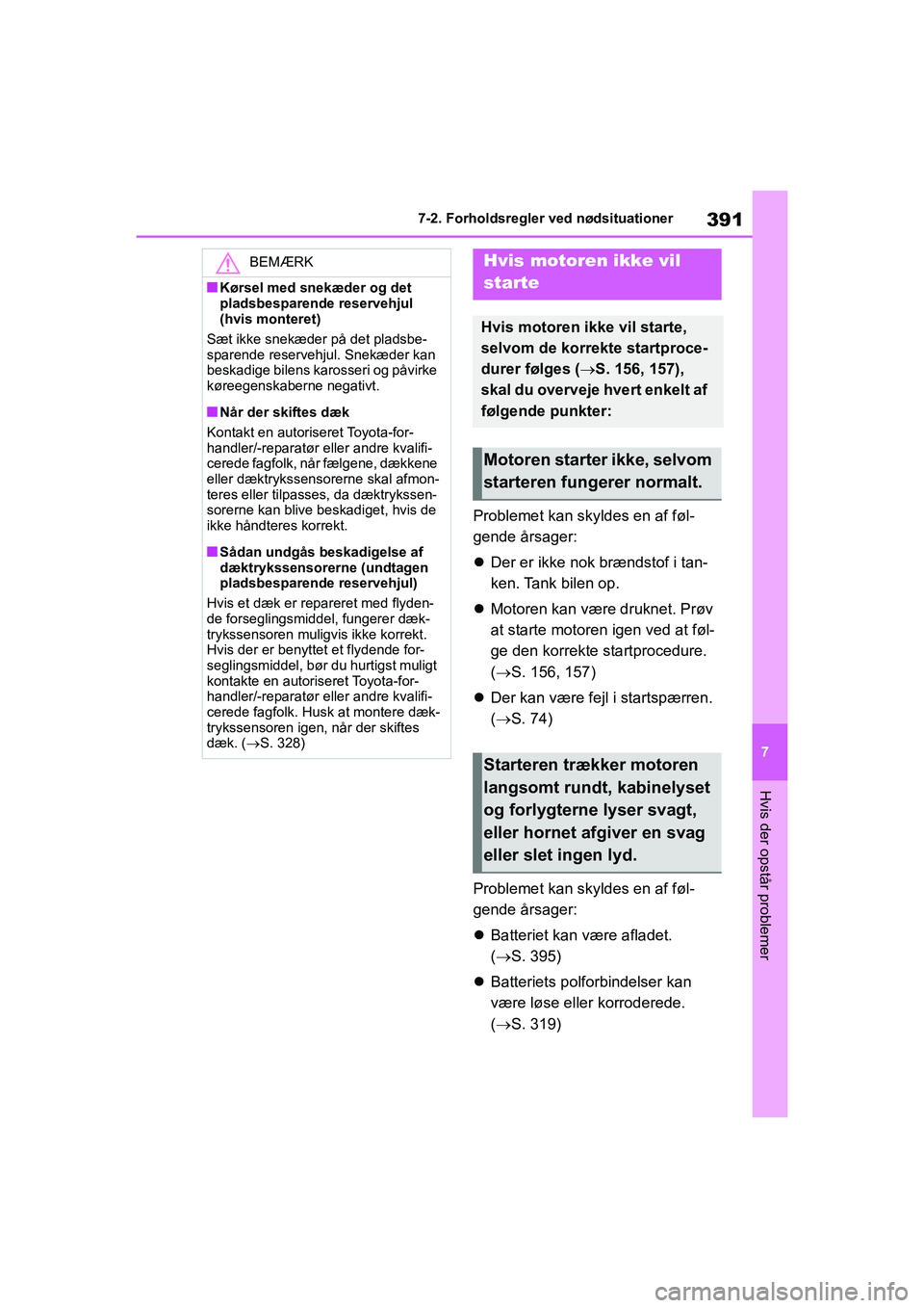 TOYOTA YARIS HATCHBACK 2021 Brugsanvisning (in Danish) 391
7
YARIS(HB) Owners Manual_Europe_MK0001_da
7-2. Forholdsregler ved nødsituationer
Hvis der opstår problemer
Problemet kan skyldes en af føl-
gende årsager:
Der er ikke nok brændstof i tan TOYOTA YARIS HATCHBACK 2021 Brugsanvisning (in Danish) 391
7
YARIS(HB) Owners Manual_Europe_MK0001_da
7-2. Forholdsregler ved nødsituationer
Hvis der opstår problemer
Problemet kan skyldes en af føl-
gende årsager:
Der er ikke nok brændstof i tan