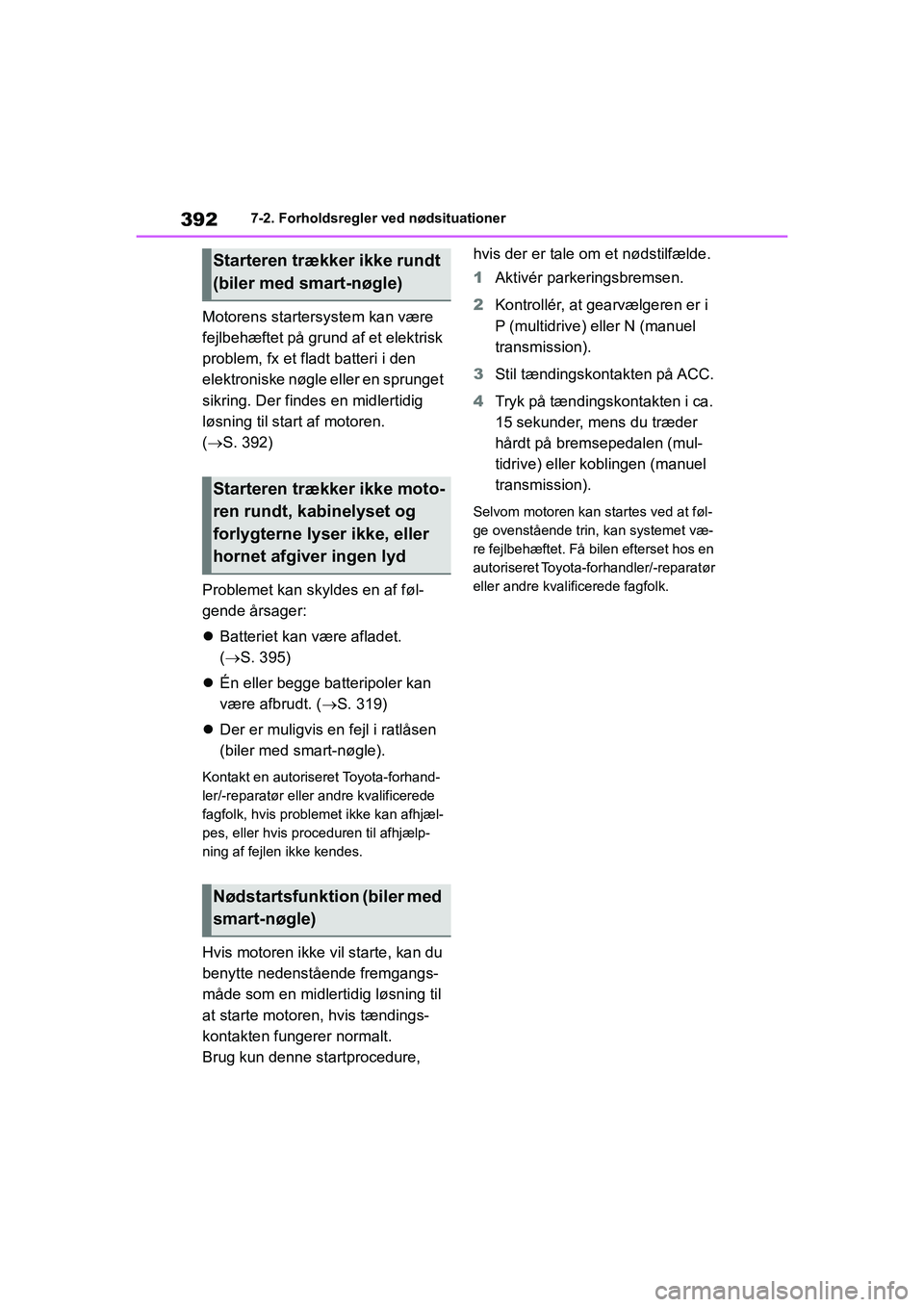 TOYOTA YARIS HATCHBACK 2021 Brugsanvisning (in Danish) 392
YARIS(HB) Owners Manual_Europe_MK0001_da
7-2. Forholdsregler ved nødsituationer
Motorens startersystem kan være
fejlbehæftet på grund af et elektrisk
problem, fx et fladt batteri i den
ele TOYOTA YARIS HATCHBACK 2021 Brugsanvisning (in Danish) 392
YARIS(HB) Owners Manual_Europe_MK0001_da
7-2. Forholdsregler ved nødsituationer
Motorens startersystem kan være
fejlbehæftet på grund af et elektrisk
problem, fx et fladt batteri i den
ele