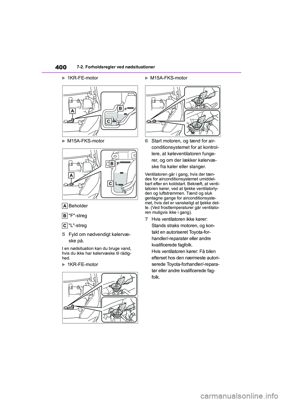 TOYOTA YARIS HATCHBACK 2021 Brugsanvisning (in Danish) 400
YARIS(HB) Owners Manual_Europe_MK0001_da
7-2. Forholdsregler ved nødsituationer
1KR-FE-motor
M15A-FKS-motorBeholder
"F"-streg
"L"-streg
5 Fyld om nødvendigt kølervæ-
ske på.
I en nøds TOYOTA YARIS HATCHBACK 2021 Brugsanvisning (in Danish) 400
YARIS(HB) Owners Manual_Europe_MK0001_da
7-2. Forholdsregler ved nødsituationer
1KR-FE-motor
M15A-FKS-motorBeholder
"F"-streg
"L"-streg
5 Fyld om nødvendigt kølervæ-
ske på.
I en nøds