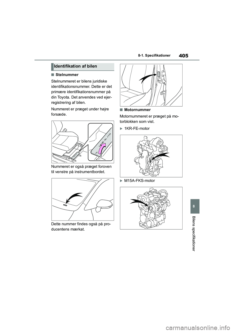TOYOTA YARIS HATCHBACK 2021 Brugsanvisning (in Danish) 405
8
YARIS(HB) Owners Manual_Europe_MK0001_da
8-1. Specifikationer
Bilens specifikationer
nStelnummer
Stelnummeret er bilens juridiske
identifikationsnummer. Dette er det
primære identifikationsn TOYOTA YARIS HATCHBACK 2021 Brugsanvisning (in Danish) 405
8
YARIS(HB) Owners Manual_Europe_MK0001_da
8-1. Specifikationer
Bilens specifikationer
nStelnummer
Stelnummeret er bilens juridiske
identifikationsnummer. Dette er det
primære identifikationsn
