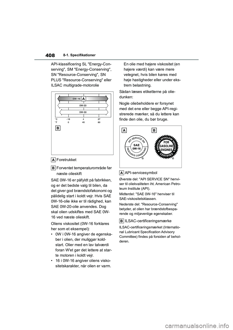 TOYOTA YARIS HATCHBACK 2021 Brugsanvisning (in Danish) 408
YARIS(HB) Owners Manual_Europe_MK0001_da
8-1. Specifikationer
API-klassificering SL "Energy-Con-
serving", SM "Energy-Conserving",
SN "Resource-Conserving", SN
PLUS "Resource-Conserving" eller TOYOTA YARIS HATCHBACK 2021 Brugsanvisning (in Danish) 408
YARIS(HB) Owners Manual_Europe_MK0001_da
8-1. Specifikationer
API-klassificering SL "Energy-Con-
serving", SM "Energy-Conserving",
SN "Resource-Conserving", SN
PLUS "Resource-Conserving" eller