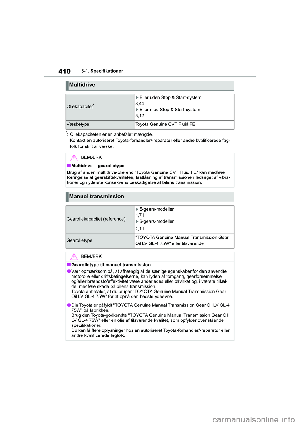 TOYOTA YARIS HATCHBACK 2021 Brugsanvisning (in Danish) 410
YARIS(HB) Owners Manual_Europe_MK0001_da
8-1. Specifikationer
*: Oliekapaciteten er en anbefalet mængde.Kontakt en autoriseret Toyota-forhandler/-reparatør eller andre kvalificerede fag-
folk f TOYOTA YARIS HATCHBACK 2021 Brugsanvisning (in Danish) 410
YARIS(HB) Owners Manual_Europe_MK0001_da
8-1. Specifikationer
*: Oliekapaciteten er en anbefalet mængde.Kontakt en autoriseret Toyota-forhandler/-reparatør eller andre kvalificerede fag-
folk f