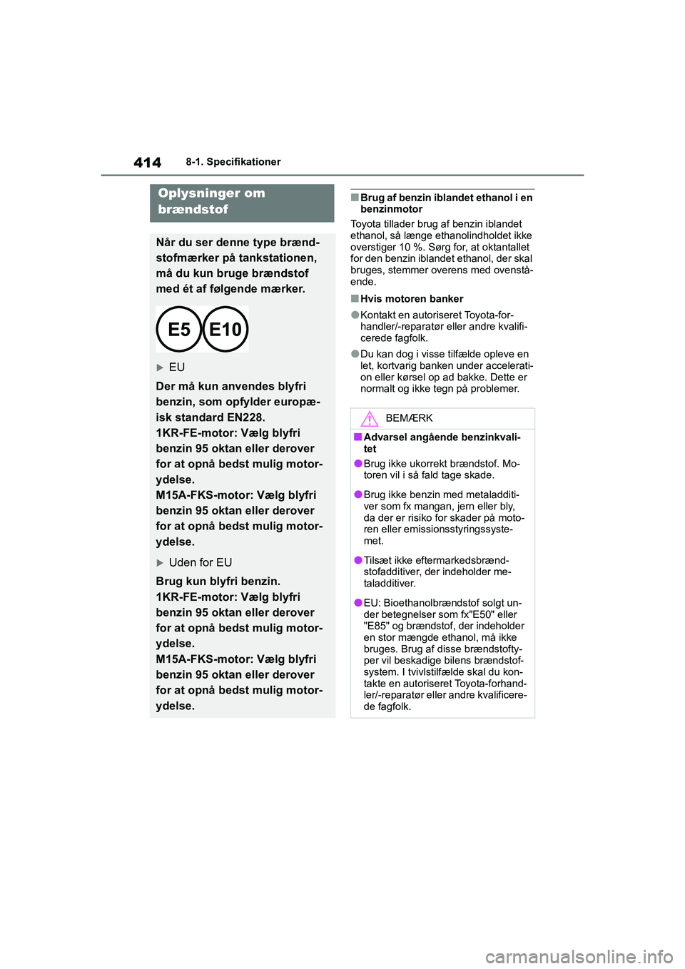TOYOTA YARIS HATCHBACK 2021 Brugsanvisning (in Danish) 414
YARIS(HB) Owners Manual_Europe_MK0001_da
8-1. Specifikationer
nBrug af benzin iblandet ethanol i en
benzinmotor
Toyota tillader brug af benzin iblandet
ethanol, så længe ethanolindholdet ikke TOYOTA YARIS HATCHBACK 2021 Brugsanvisning (in Danish) 414
YARIS(HB) Owners Manual_Europe_MK0001_da
8-1. Specifikationer
nBrug af benzin iblandet ethanol i en
benzinmotor
Toyota tillader brug af benzin iblandet
ethanol, så længe ethanolindholdet ikke