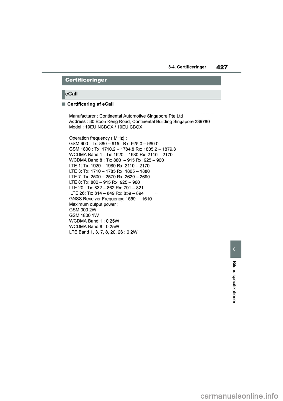 TOYOTA YARIS HATCHBACK 2021  Brugsanvisning (in Danish) 427
8
YARIS(HB) Owners Manual_Europe_MK0001_da
8-4. Certificeringer
Bilens specifikationer
8-4.Certificeringer
nCertificering af eCall
Certificeringer
eCall
YARIS(HB)_OM_Europe_OMK0001DK.book  Page 4