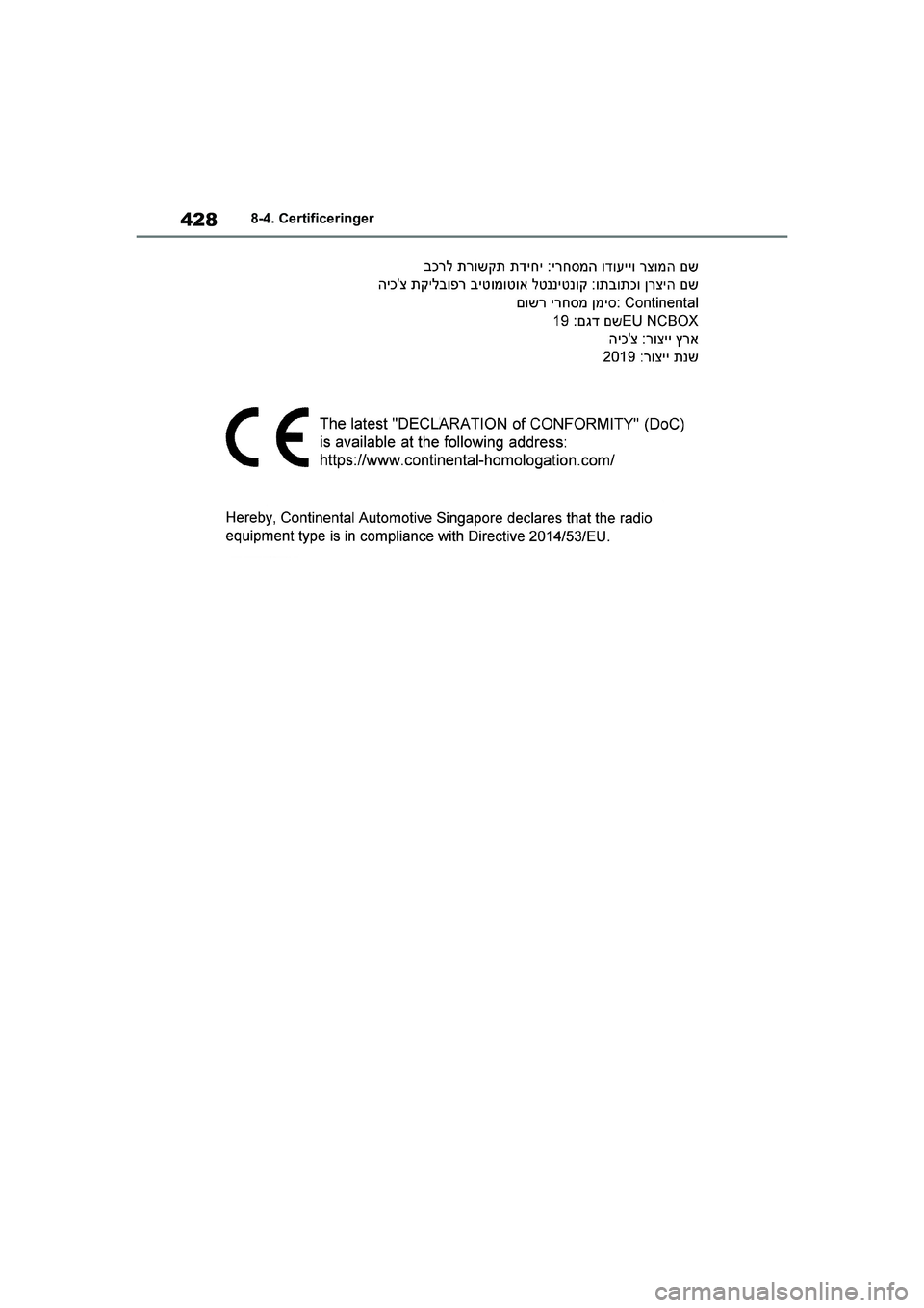 TOYOTA YARIS HATCHBACK 2021  Brugsanvisning (in Danish) 428
YARIS(HB) Owners Manual_Europe_MK0001_da
8-4. Certificeringer
YARIS(HB)_OM_Europe_OMK0001DK.book  Page 428  Tuesday, March 2, 2021  9:30 AM 
