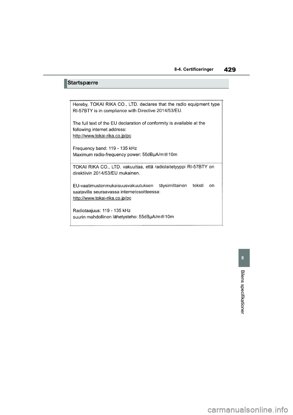 TOYOTA YARIS HATCHBACK 2021  Brugsanvisning (in Danish) 429
8
YARIS(HB) Owners Manual_Europe_MK0001_da
8-4. Certificeringer
Bilens specifikationer
Startspærre
YARIS(HB)_OM_Europe_OMK0001DK.book  Page 429  Tuesday, March 2, 2021  9:30 AM 