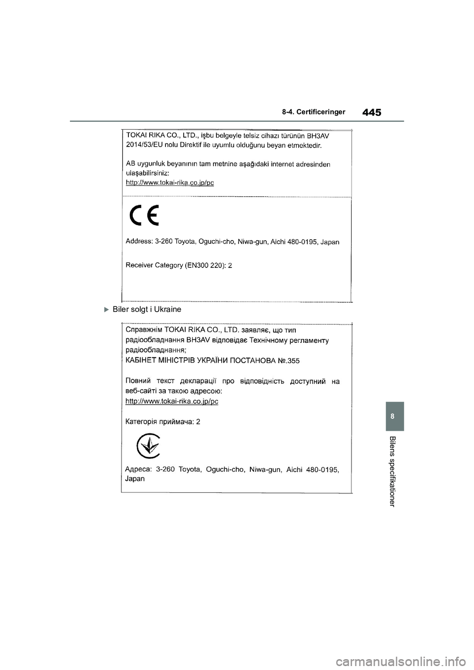 TOYOTA YARIS HATCHBACK 2021  Brugsanvisning (in Danish) 445
8
YARIS(HB) Owners Manual_Europe_MK0001_da
8-4. Certificeringer
Bilens specifikationer
Biler solgt i Ukraine
YARIS(HB)_OM_Europe_OMK0001DK.book  Page 445  Tuesday, March 2, 2021  9:30 AM 
