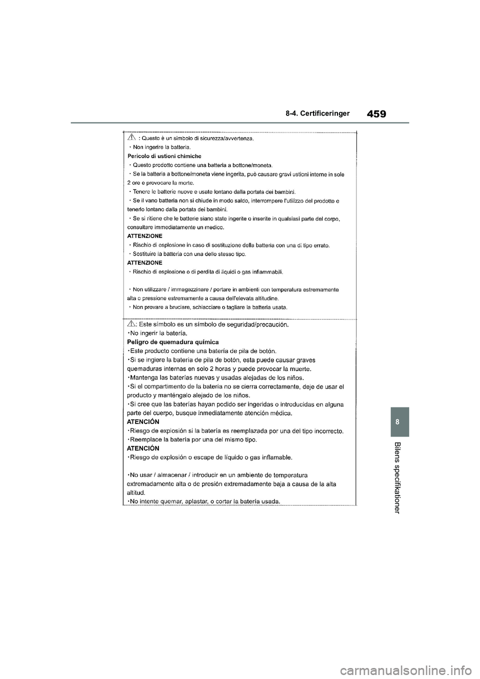 TOYOTA YARIS HATCHBACK 2021  Brugsanvisning (in Danish) 459
8
YARIS(HB) Owners Manual_Europe_MK0001_da
8-4. Certificeringer
Bilens specifikationer
YARIS(HB)_OM_Europe_OMK0001DK.book  Page 459  Tuesday, March 2, 2021  9:30 AM 