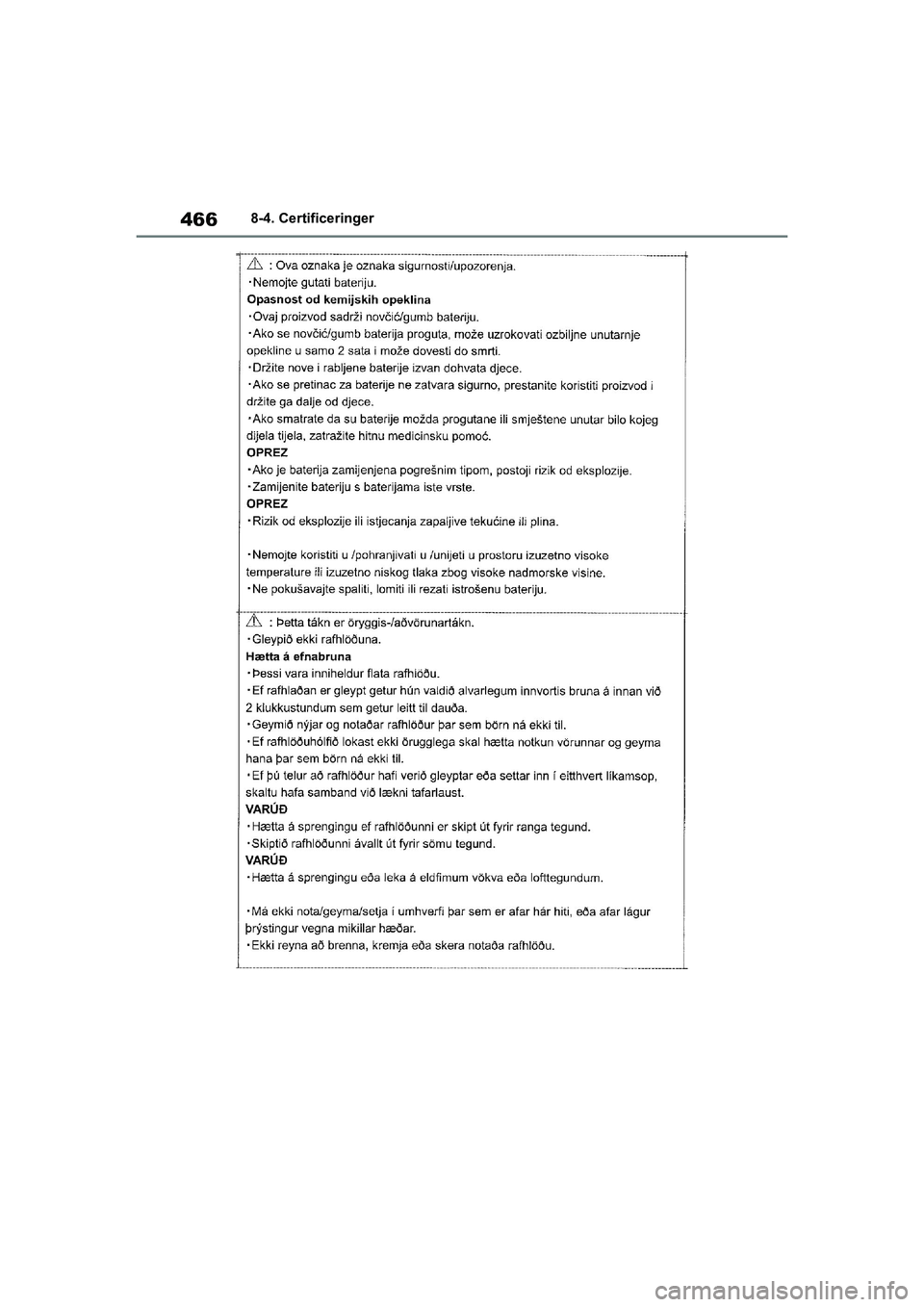 TOYOTA YARIS HATCHBACK 2021  Brugsanvisning (in Danish) 466
YARIS(HB) Owners Manual_Europe_MK0001_da
8-4. Certificeringer
YARIS(HB)_OM_Europe_OMK0001DK.book  Page 466  Tuesday, March 2, 2021  9:30 AM 