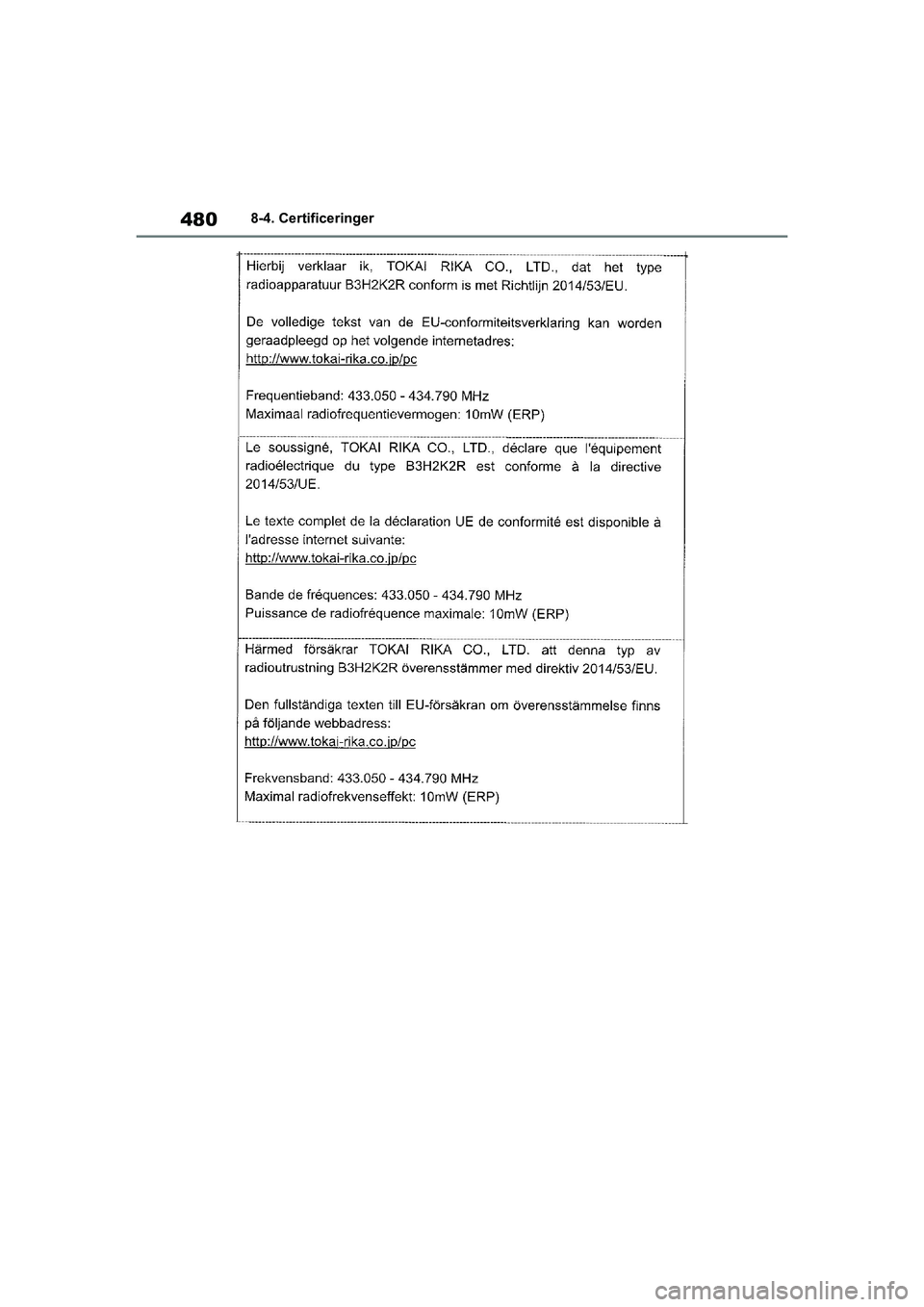 TOYOTA YARIS HATCHBACK 2021  Brugsanvisning (in Danish) 480
YARIS(HB) Owners Manual_Europe_MK0001_da
8-4. Certificeringer
YARIS(HB)_OM_Europe_OMK0001DK.book  Page 480  Tuesday, March 2, 2021  9:30 AM 