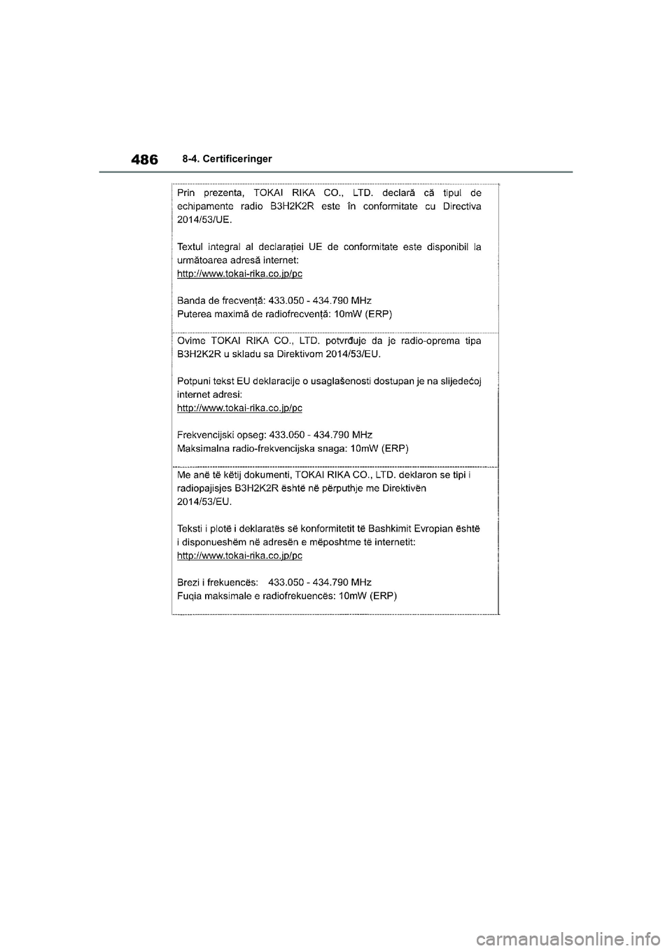 TOYOTA YARIS HATCHBACK 2021  Brugsanvisning (in Danish) 486
YARIS(HB) Owners Manual_Europe_MK0001_da
8-4. Certificeringer
YARIS(HB)_OM_Europe_OMK0001DK.book  Page 486  Tuesday, March 2, 2021  9:30 AM 