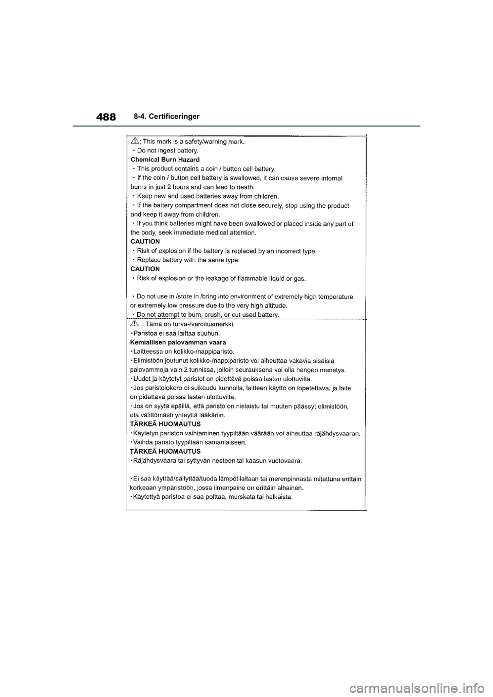 TOYOTA YARIS HATCHBACK 2021  Brugsanvisning (in Danish) 488
YARIS(HB) Owners Manual_Europe_MK0001_da
8-4. Certificeringer
YARIS(HB)_OM_Europe_OMK0001DK.book  Page 488  Tuesday, March 2, 2021  9:30 AM 