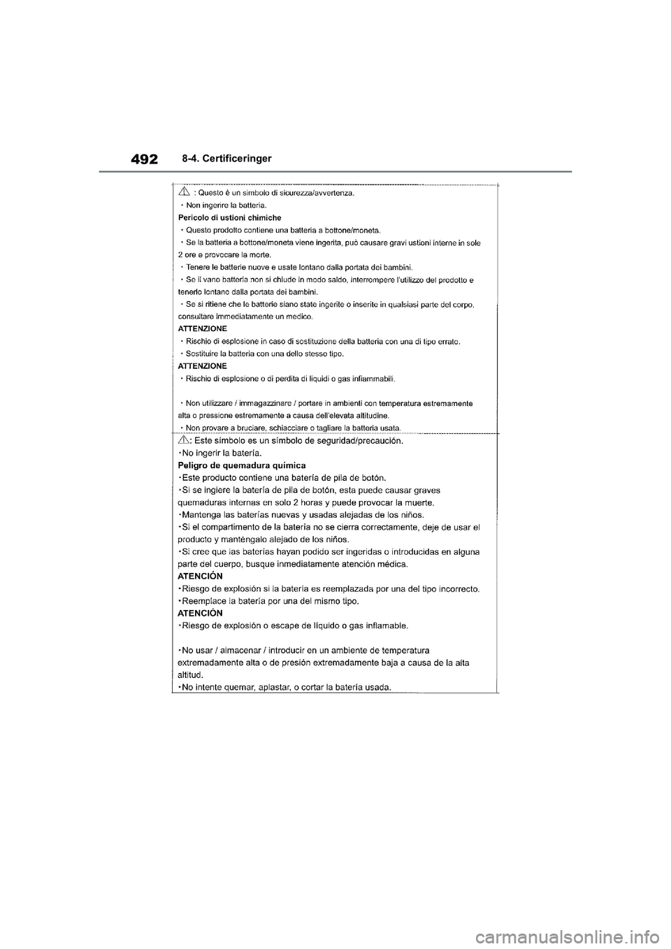 TOYOTA YARIS HATCHBACK 2021  Brugsanvisning (in Danish) 492
YARIS(HB) Owners Manual_Europe_MK0001_da
8-4. Certificeringer
YARIS(HB)_OM_Europe_OMK0001DK.book  Page 492  Tuesday, March 2, 2021  9:30 AM 
