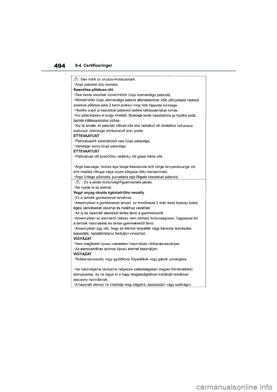 TOYOTA YARIS HATCHBACK 2021  Brugsanvisning (in Danish) 494
YARIS(HB) Owners Manual_Europe_MK0001_da
8-4. Certificeringer
YARIS(HB)_OM_Europe_OMK0001DK.book  Page 494  Tuesday, March 2, 2021  9:30 AM 
