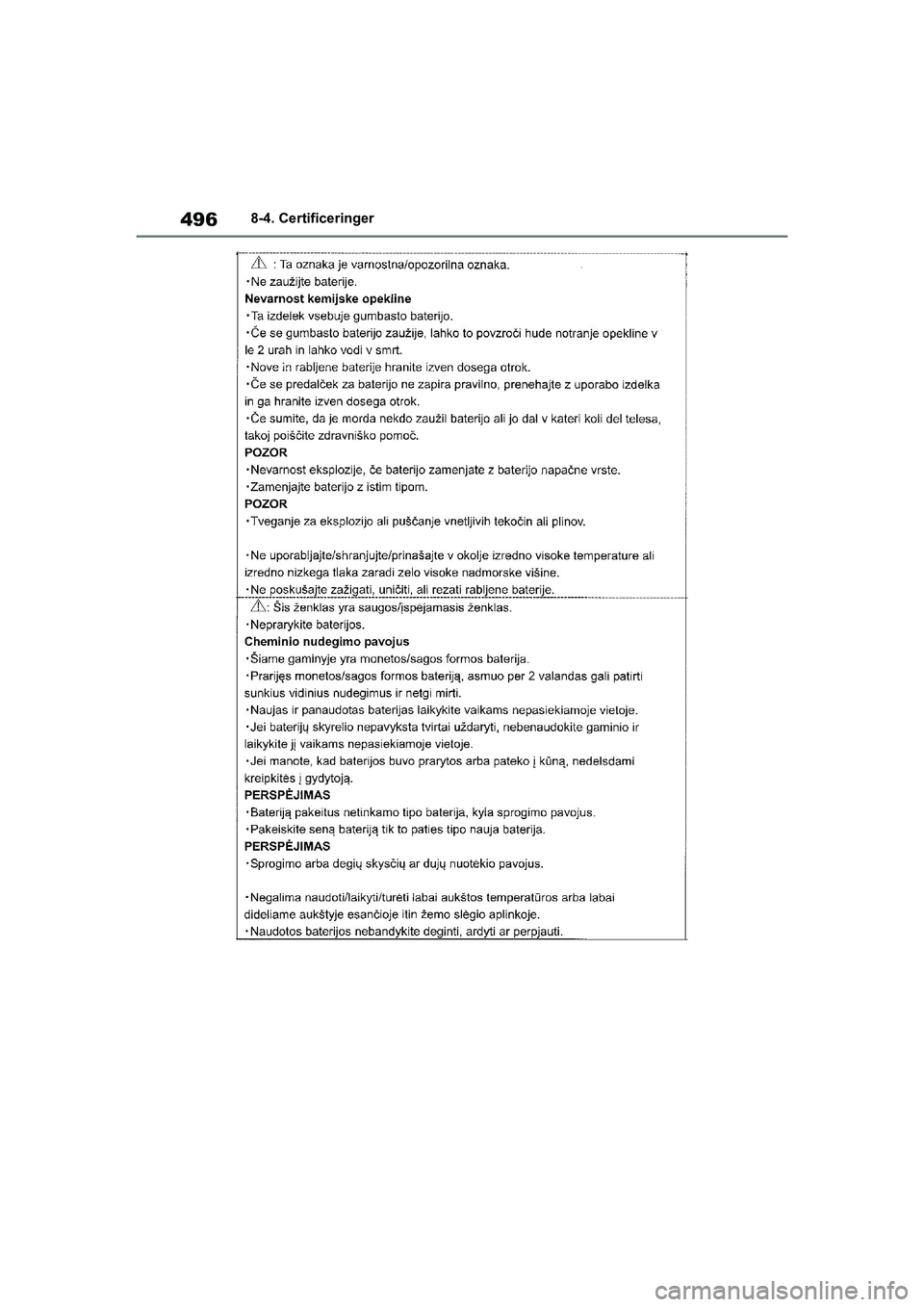 TOYOTA YARIS HATCHBACK 2021  Brugsanvisning (in Danish) 496
YARIS(HB) Owners Manual_Europe_MK0001_da
8-4. Certificeringer
YARIS(HB)_OM_Europe_OMK0001DK.book  Page 496  Tuesday, March 2, 2021  9:30 AM 
