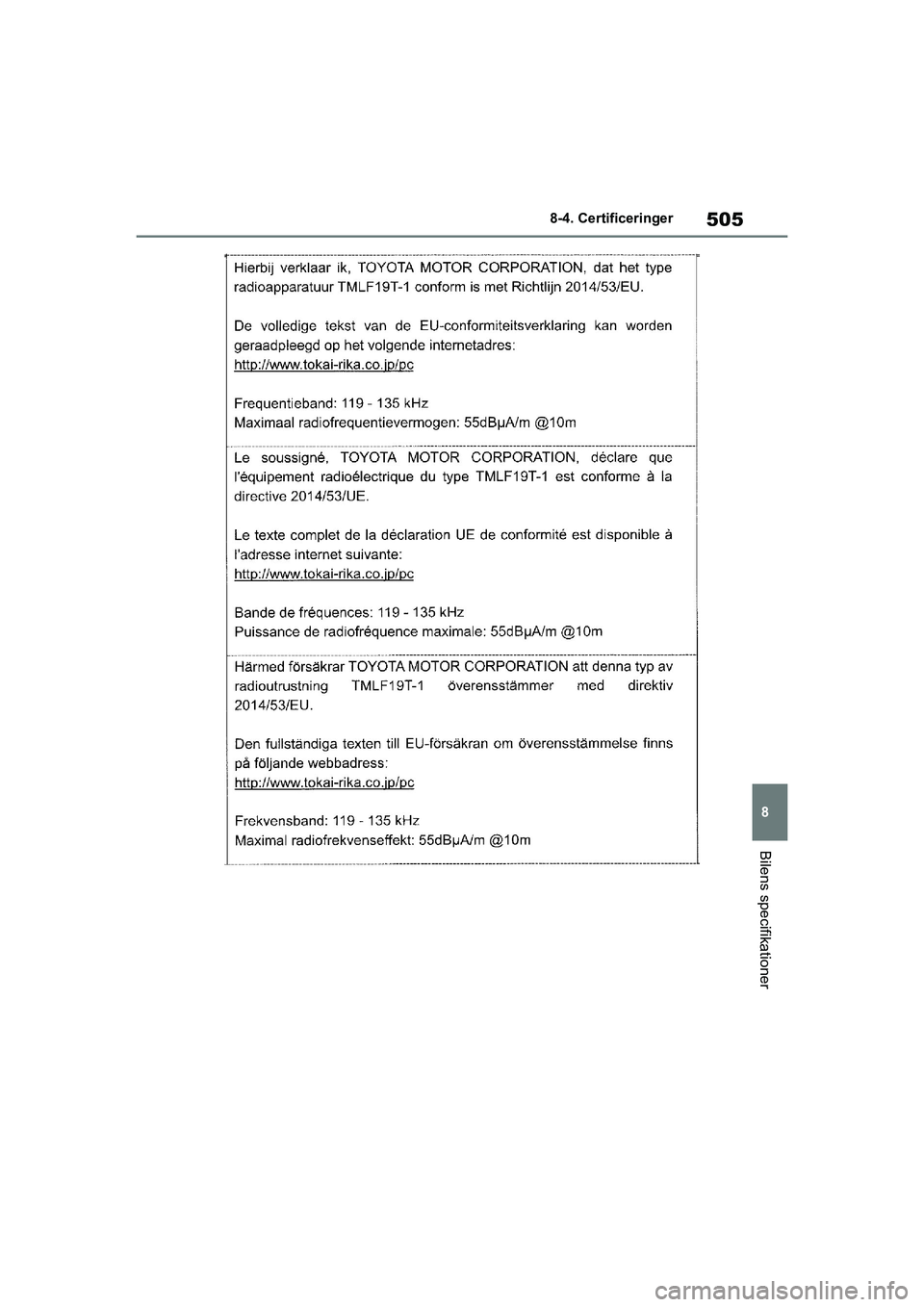 TOYOTA YARIS HATCHBACK 2021  Brugsanvisning (in Danish) 505
8
YARIS(HB) Owners Manual_Europe_MK0001_da
8-4. Certificeringer
Bilens specifikationer
YARIS(HB)_OM_Europe_OMK0001DK.book  Page 505  Tuesday, March 2, 2021  9:30 AM 