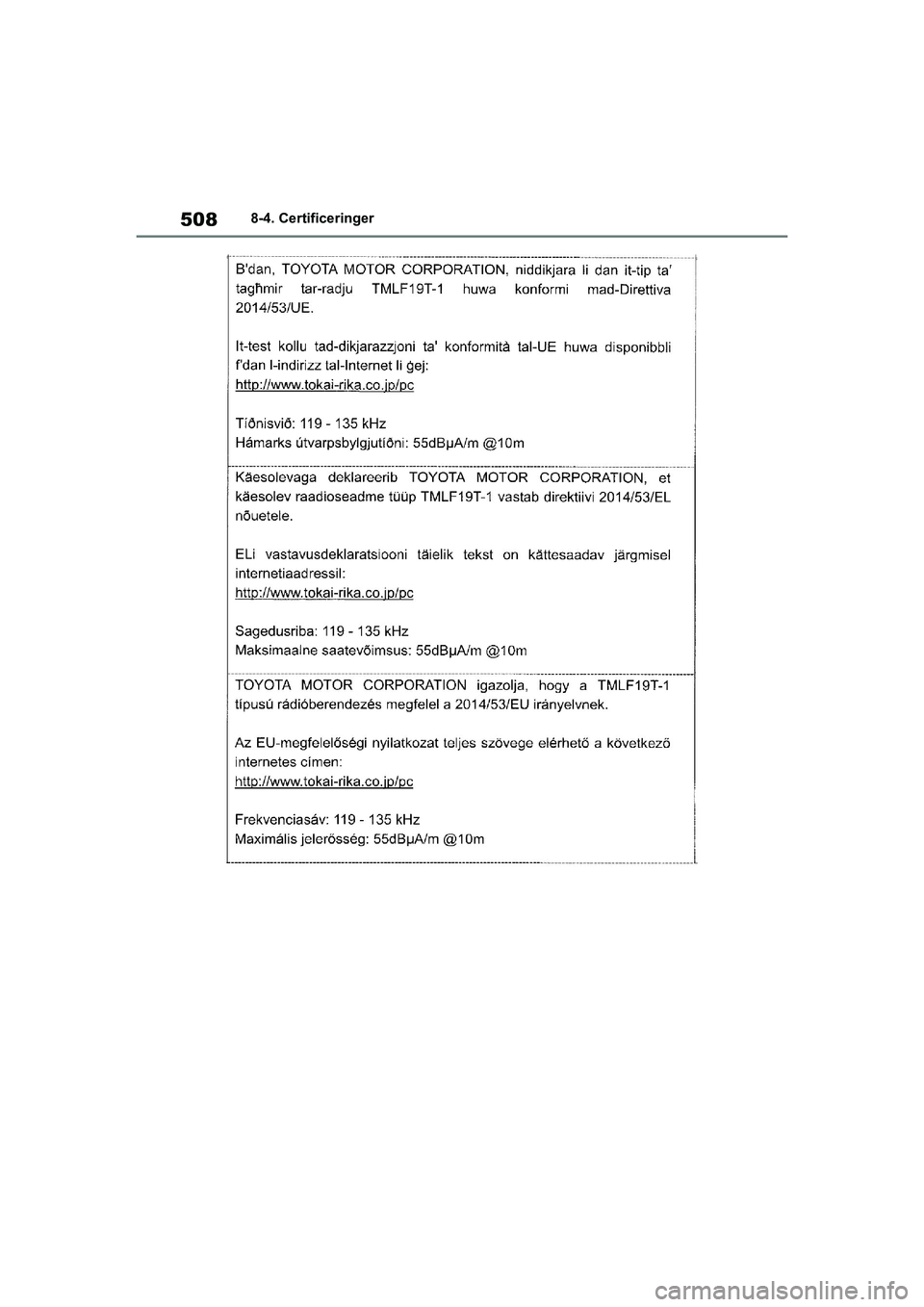 TOYOTA YARIS HATCHBACK 2021  Brugsanvisning (in Danish) 508
YARIS(HB) Owners Manual_Europe_MK0001_da
8-4. Certificeringer
YARIS(HB)_OM_Europe_OMK0001DK.book  Page 508  Tuesday, March 2, 2021  9:30 AM 
