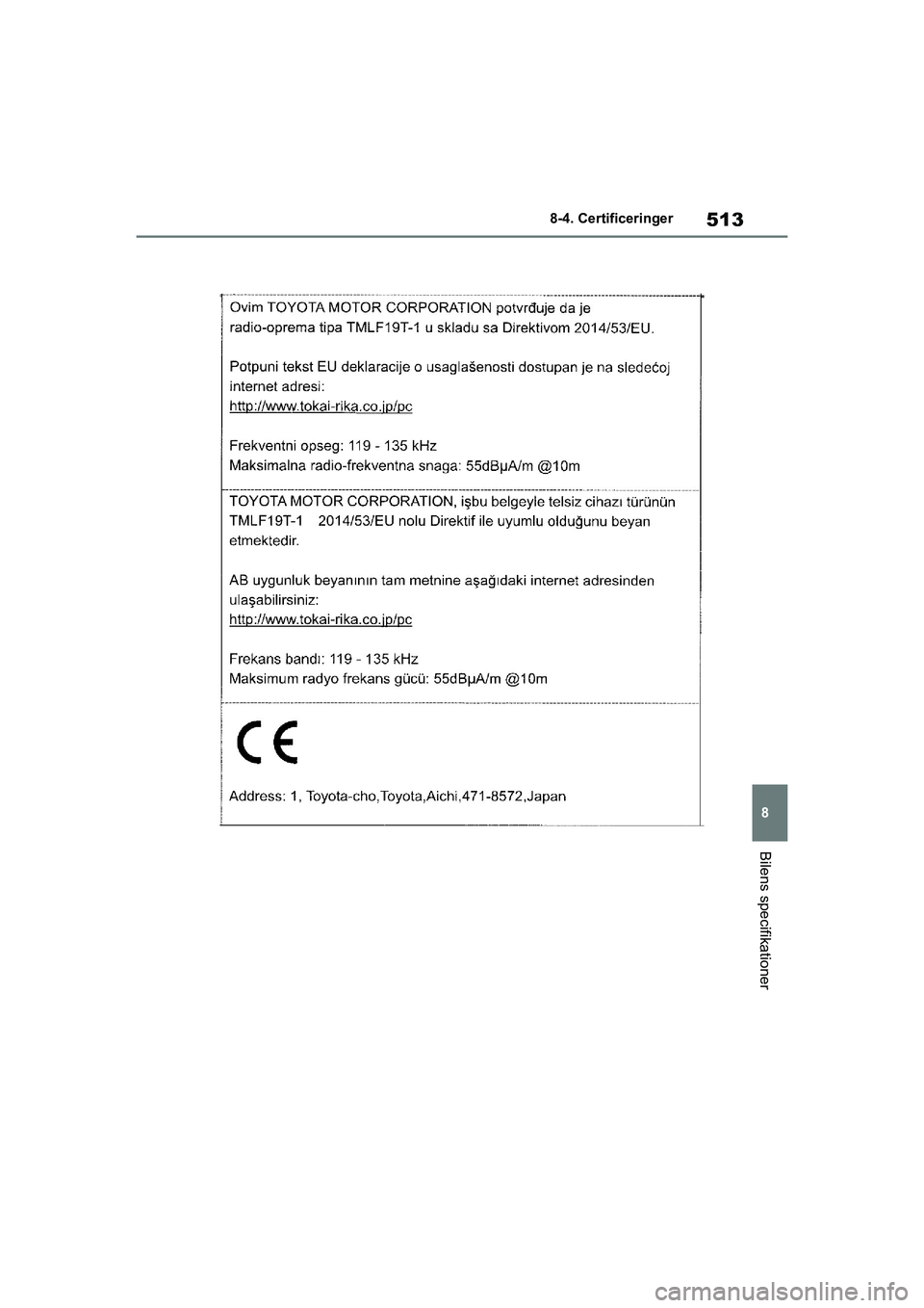 TOYOTA YARIS HATCHBACK 2021  Brugsanvisning (in Danish) 513
8
YARIS(HB) Owners Manual_Europe_MK0001_da
8-4. Certificeringer
Bilens specifikationer
YARIS(HB)_OM_Europe_OMK0001DK.book  Page 513  Tuesday, March 2, 2021  9:30 AM 