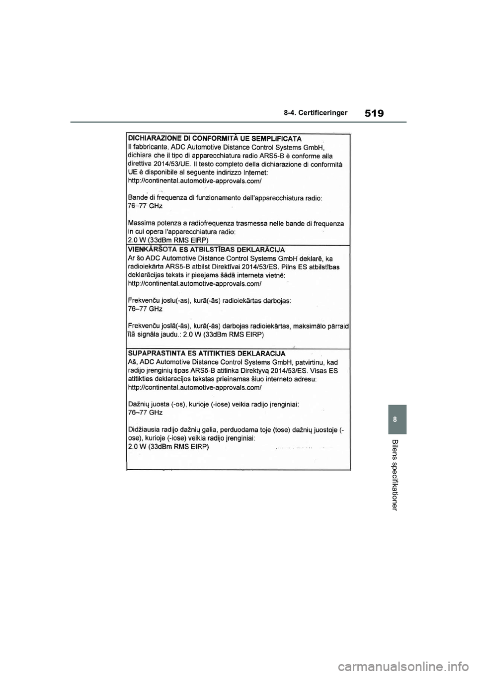 TOYOTA YARIS HATCHBACK 2021  Brugsanvisning (in Danish) 519
8
YARIS(HB) Owners Manual_Europe_MK0001_da
8-4. Certificeringer
Bilens specifikationer
YARIS(HB)_OM_Europe_OMK0001DK.book  Page 519  Tuesday, March 2, 2021  9:30 AM 