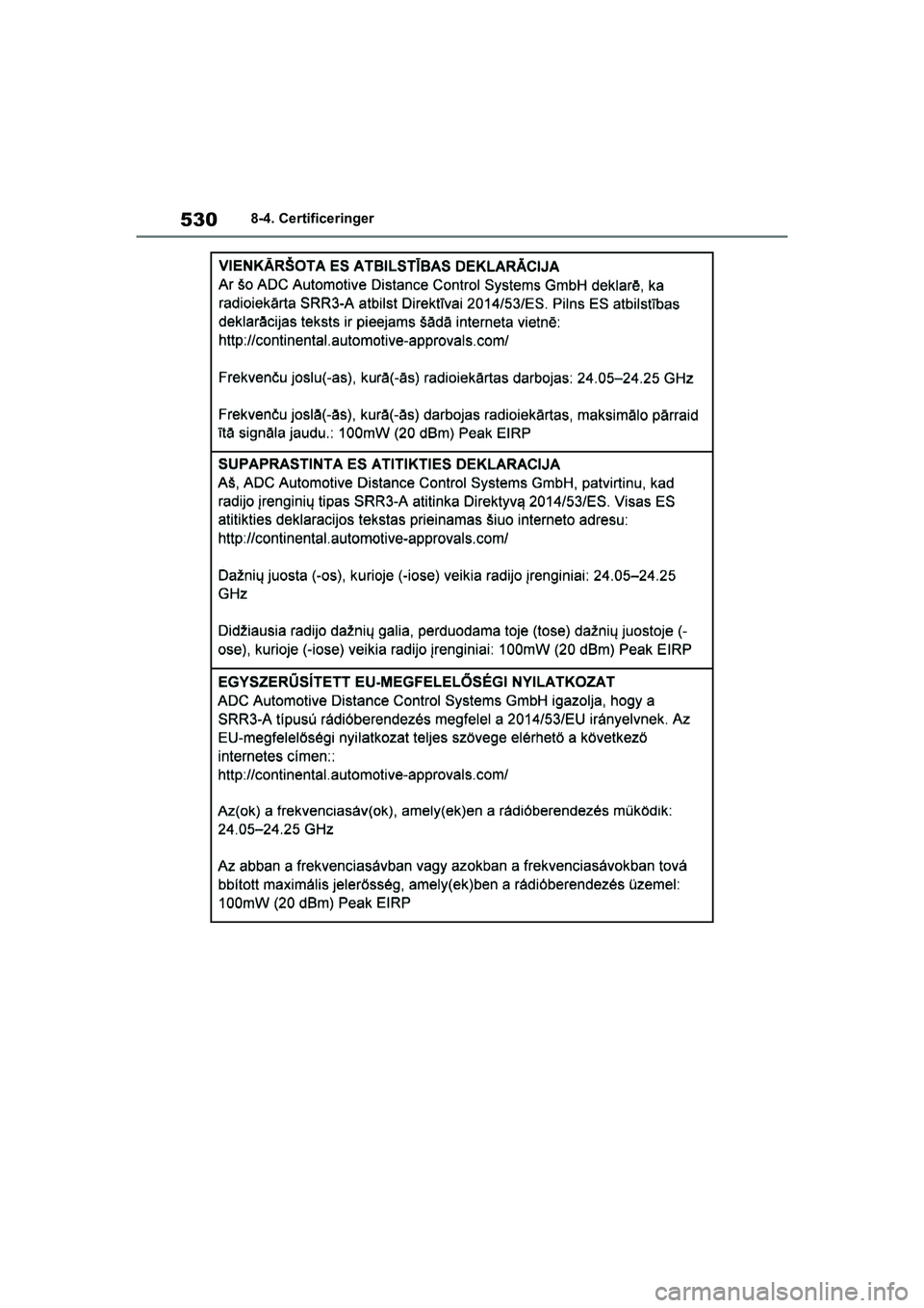 TOYOTA YARIS HATCHBACK 2021  Brugsanvisning (in Danish) 530
YARIS(HB) Owners Manual_Europe_MK0001_da
8-4. Certificeringer
YARIS(HB)_OM_Europe_OMK0001DK.book  Page 530  Tuesday, March 2, 2021  9:30 AM 