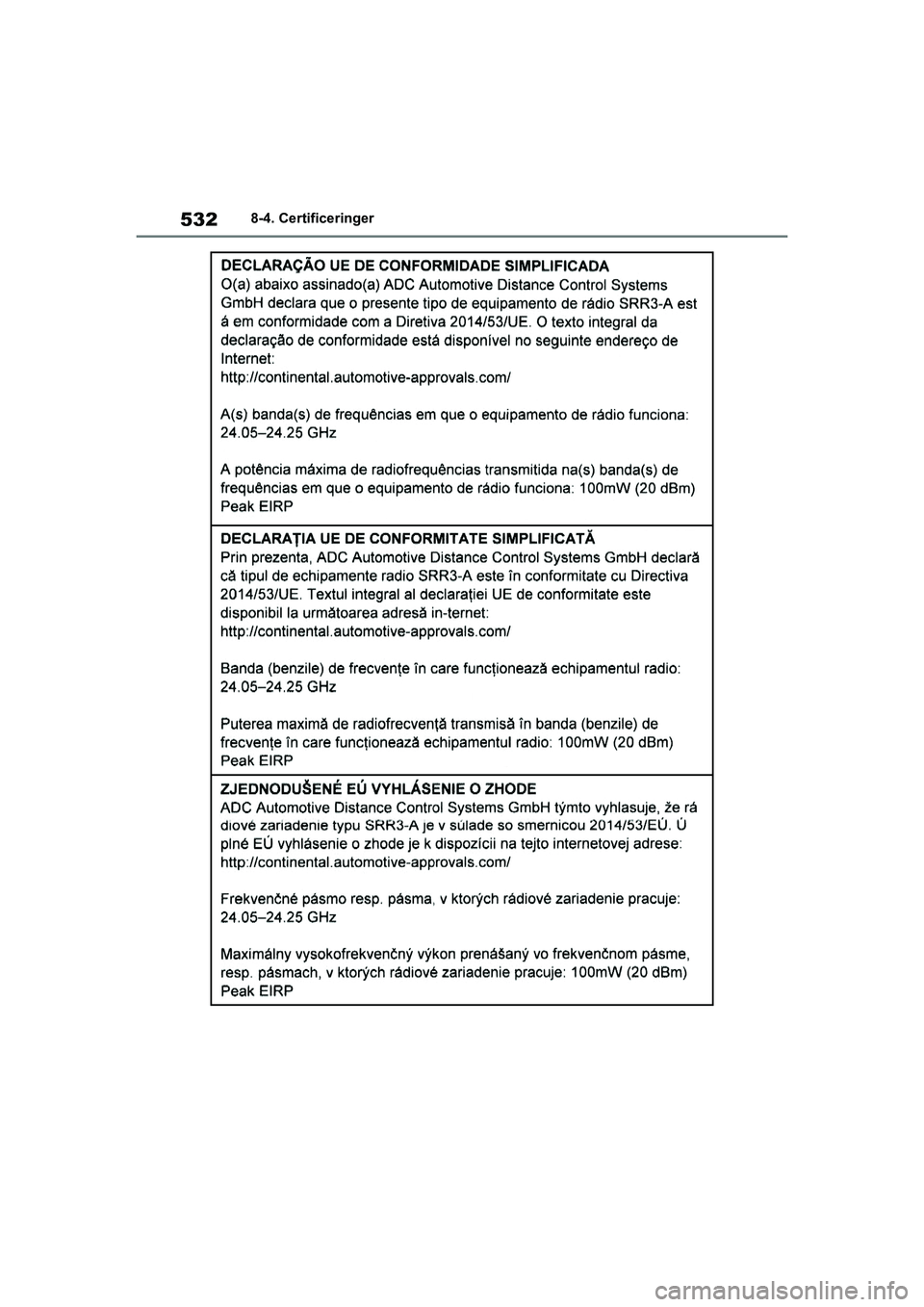 TOYOTA YARIS HATCHBACK 2021  Brugsanvisning (in Danish) 532
YARIS(HB) Owners Manual_Europe_MK0001_da
8-4. Certificeringer
YARIS(HB)_OM_Europe_OMK0001DK.book  Page 532  Tuesday, March 2, 2021  9:30 AM 