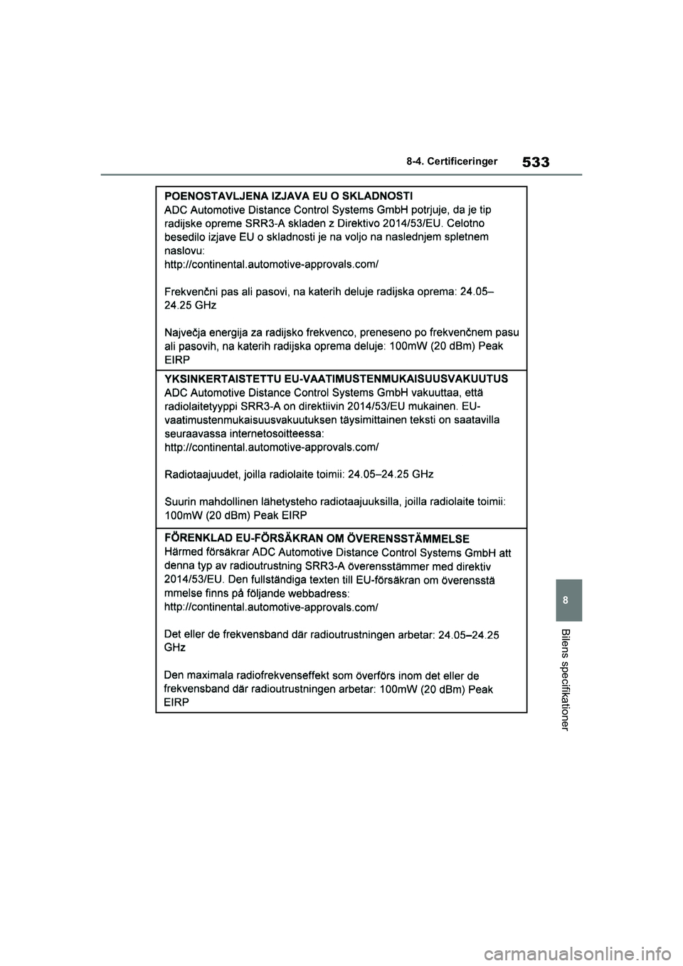 TOYOTA YARIS HATCHBACK 2021  Brugsanvisning (in Danish) 533
8
YARIS(HB) Owners Manual_Europe_MK0001_da
8-4. Certificeringer
Bilens specifikationer
YARIS(HB)_OM_Europe_OMK0001DK.book  Page 533  Tuesday, March 2, 2021  9:30 AM 