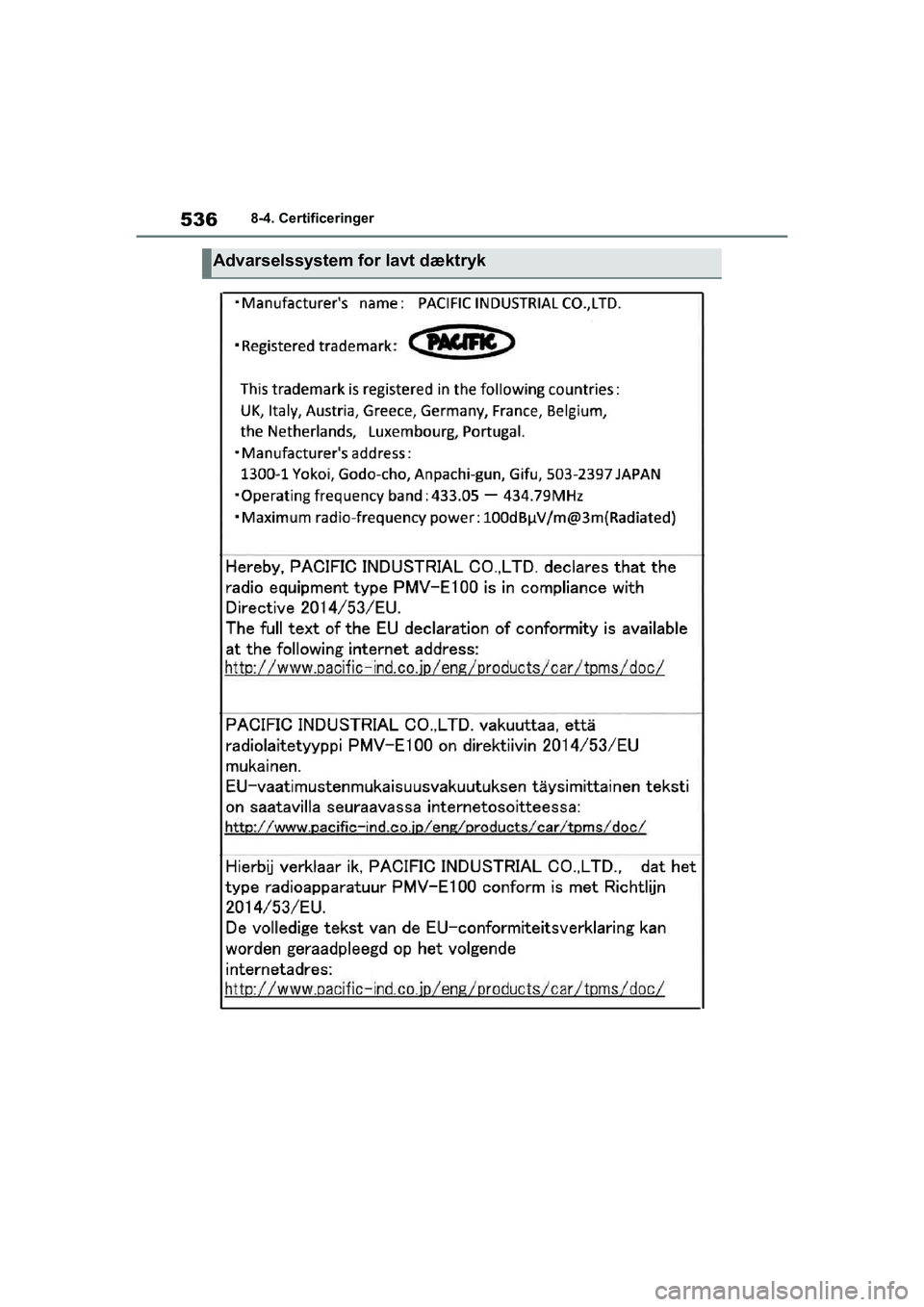 TOYOTA YARIS HATCHBACK 2021  Brugsanvisning (in Danish) 536
YARIS(HB) Owners Manual_Europe_MK0001_da
8-4. Certificeringer
Advarselssystem for lavt dæktryk
YARIS(HB)_OM_Europe_OMK0001DK.book  Page 536  Tuesday, March 2, 2021  9:30 AM 