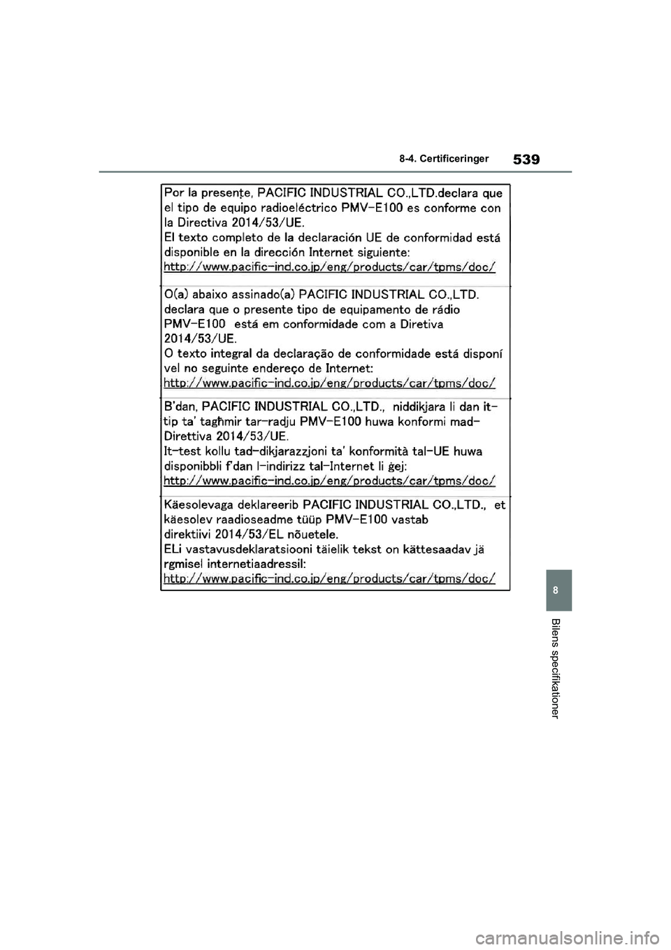 TOYOTA YARIS HATCHBACK 2021  Brugsanvisning (in Danish) 539
8
YARIS(HB) Owners Manual_Europe_MK0001_da
8-4. Certificeringer
Bilens specifikationer
YARIS(HB)_OM_Europe_OMK0001DK.book  Page 539  Tuesday, March 2, 2021  9:30 AM 