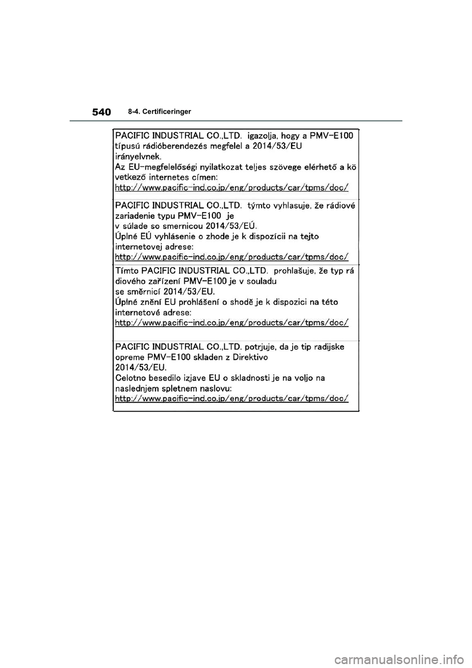 TOYOTA YARIS HATCHBACK 2021  Brugsanvisning (in Danish) 540
YARIS(HB) Owners Manual_Europe_MK0001_da
8-4. Certificeringer
YARIS(HB)_OM_Europe_OMK0001DK.book  Page 540  Tuesday, March 2, 2021  9:30 AM 