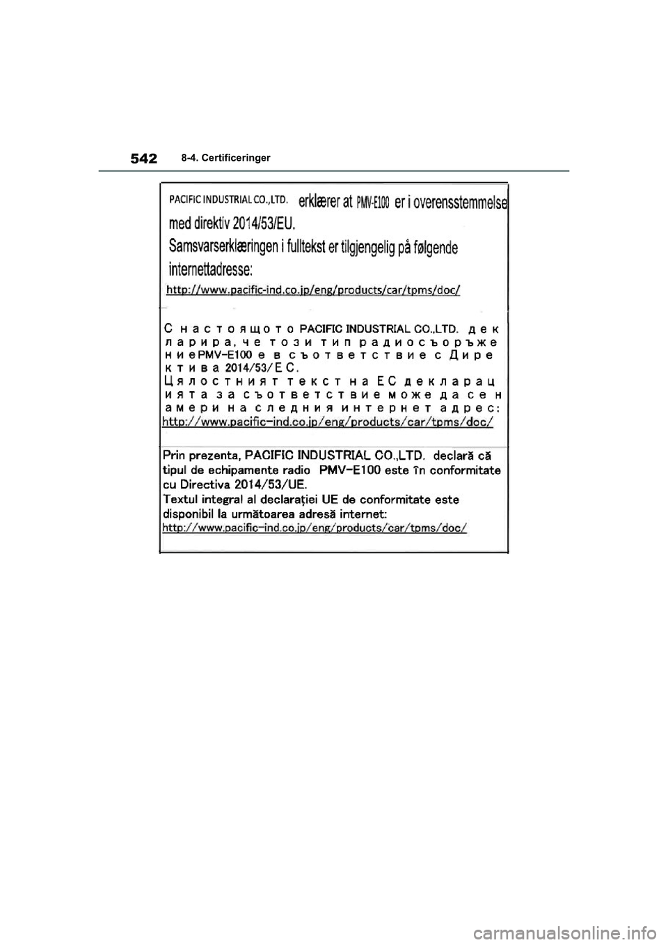 TOYOTA YARIS HATCHBACK 2021  Brugsanvisning (in Danish) 542
YARIS(HB) Owners Manual_Europe_MK0001_da
8-4. Certificeringer
YARIS(HB)_OM_Europe_OMK0001DK.book  Page 542  Tuesday, March 2, 2021  9:30 AM 