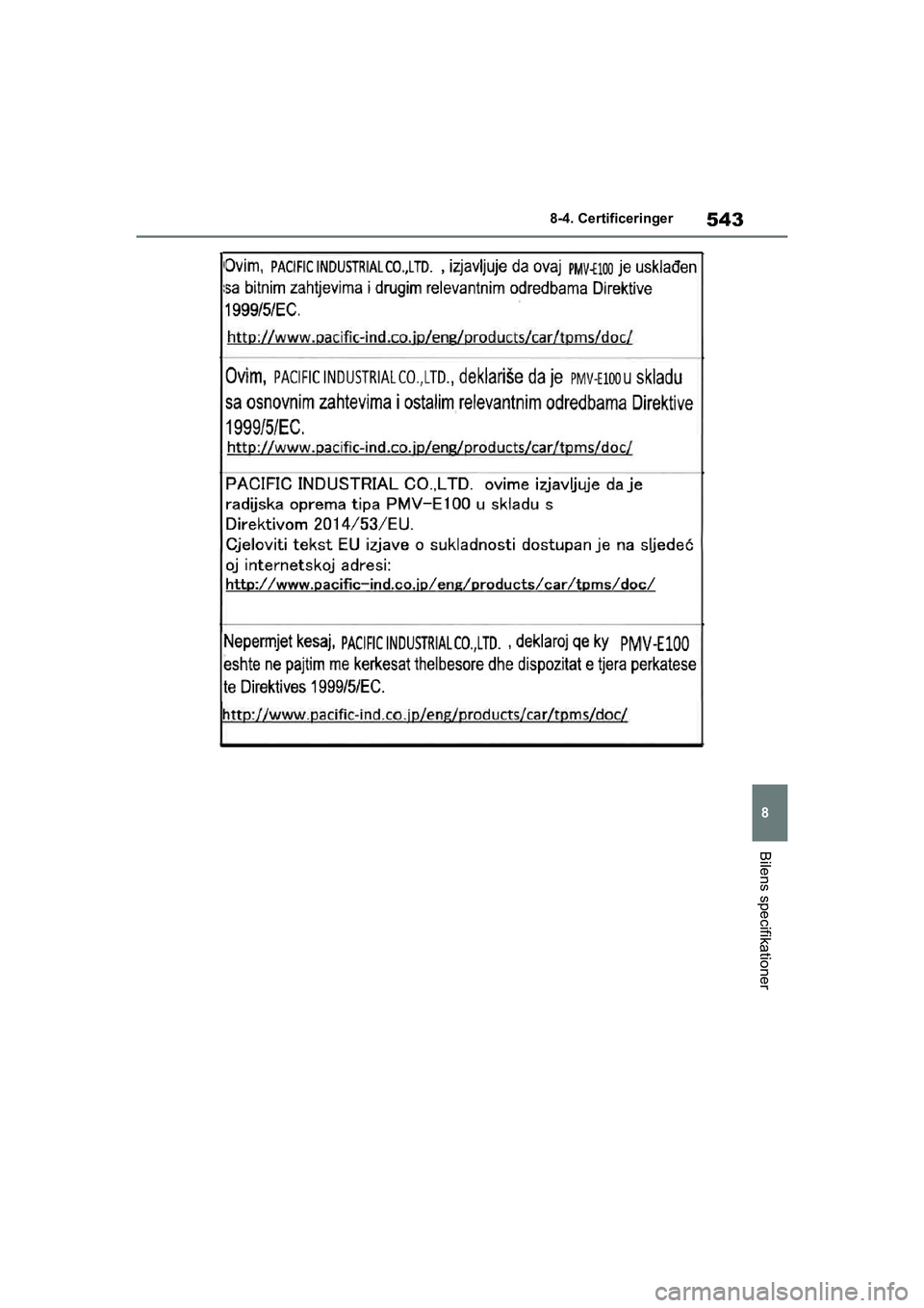 TOYOTA YARIS HATCHBACK 2021  Brugsanvisning (in Danish) 543
8
YARIS(HB) Owners Manual_Europe_MK0001_da
8-4. Certificeringer
Bilens specifikationer
YARIS(HB)_OM_Europe_OMK0001DK.book  Page 543  Tuesday, March 2, 2021  9:30 AM 