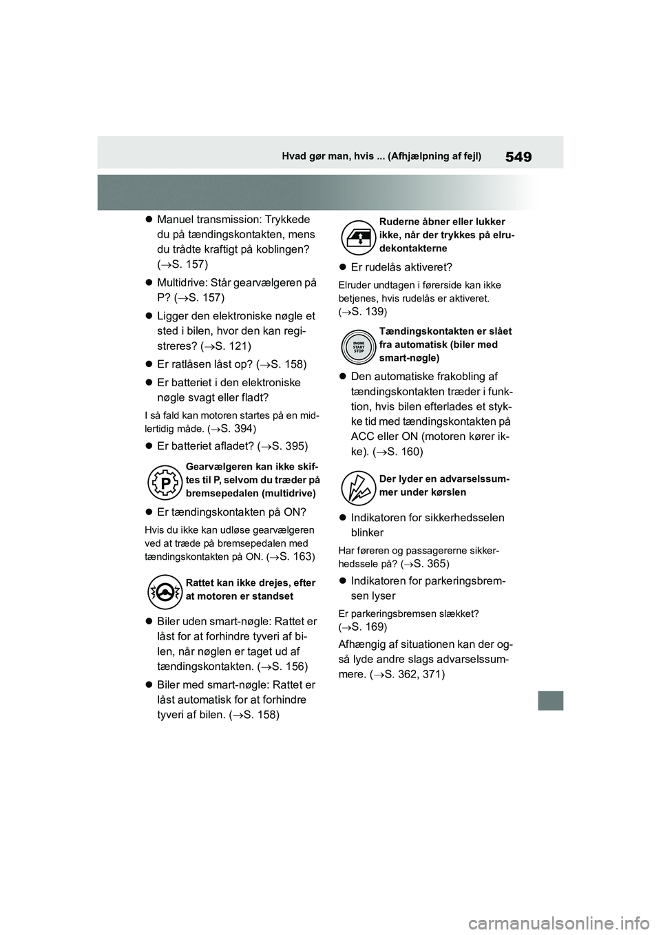 TOYOTA YARIS HATCHBACK 2021 Brugsanvisning (in Danish) 549
YARIS(HB) Owners Manual_Europe_MK0001_da
Hvad gør man, hvis ... (Afhjælpning af fejl)
Manuel transmission: Trykkede
du på tændingskontakten, mens
du trådte kraftigt på koblingen?
( TOYOTA YARIS HATCHBACK 2021 Brugsanvisning (in Danish) 549
YARIS(HB) Owners Manual_Europe_MK0001_da
Hvad gør man, hvis ... (Afhjælpning af fejl)
Manuel transmission: Trykkede
du på tændingskontakten, mens
du trådte kraftigt på koblingen?
(