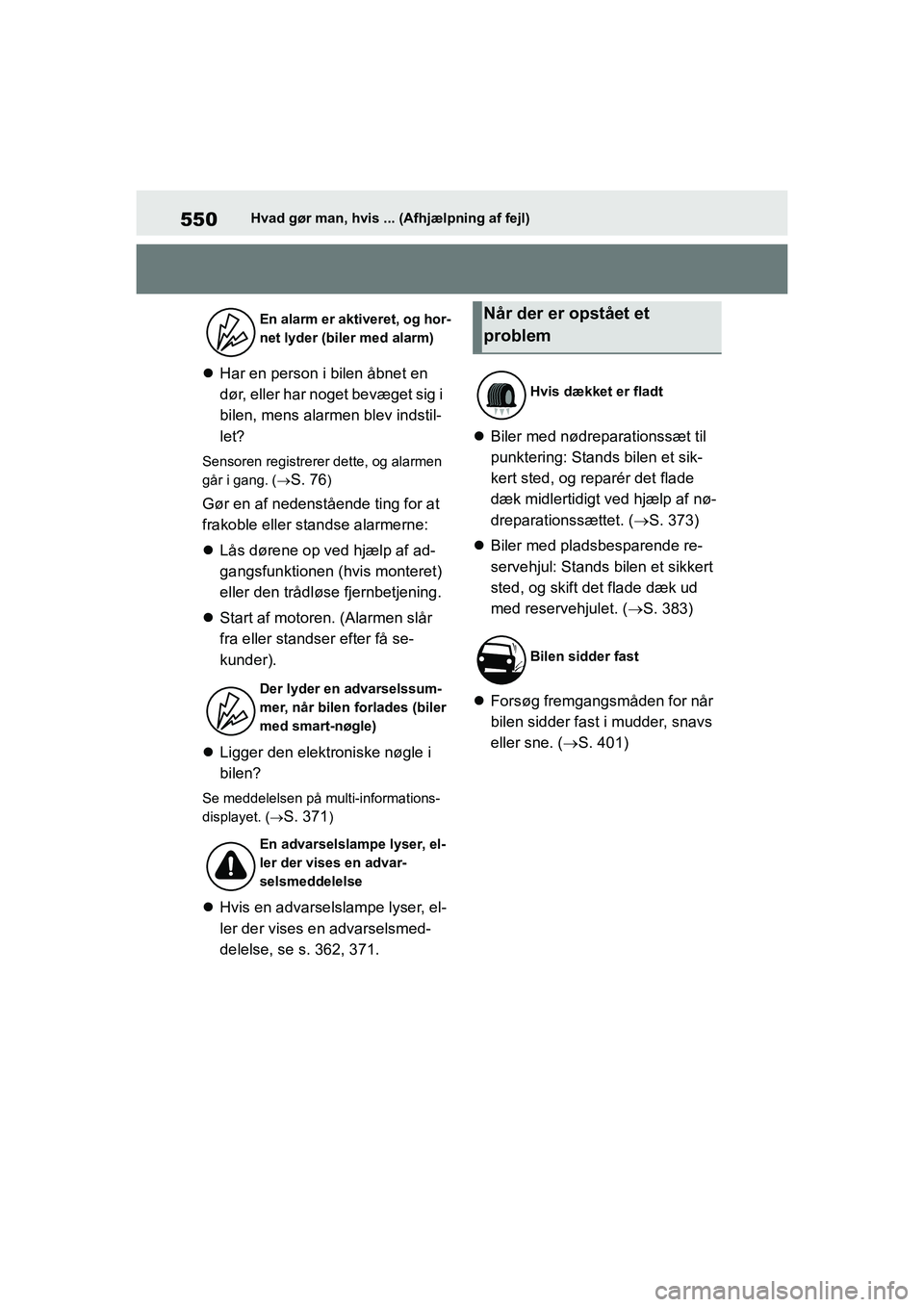 TOYOTA YARIS HATCHBACK 2021 Brugsanvisning (in Danish) 550
YARIS(HB) Owners Manual_Europe_MK0001_da
Hvad gør man, hvis ... (Afhjælpning af fejl)
Har en person i bilen åbnet en
dør, eller har noget bevæget sig i
bilen, mens alarmen blev indstil- TOYOTA YARIS HATCHBACK 2021 Brugsanvisning (in Danish) 550
YARIS(HB) Owners Manual_Europe_MK0001_da
Hvad gør man, hvis ... (Afhjælpning af fejl)
Har en person i bilen åbnet en
dør, eller har noget bevæget sig i
bilen, mens alarmen blev indstil-