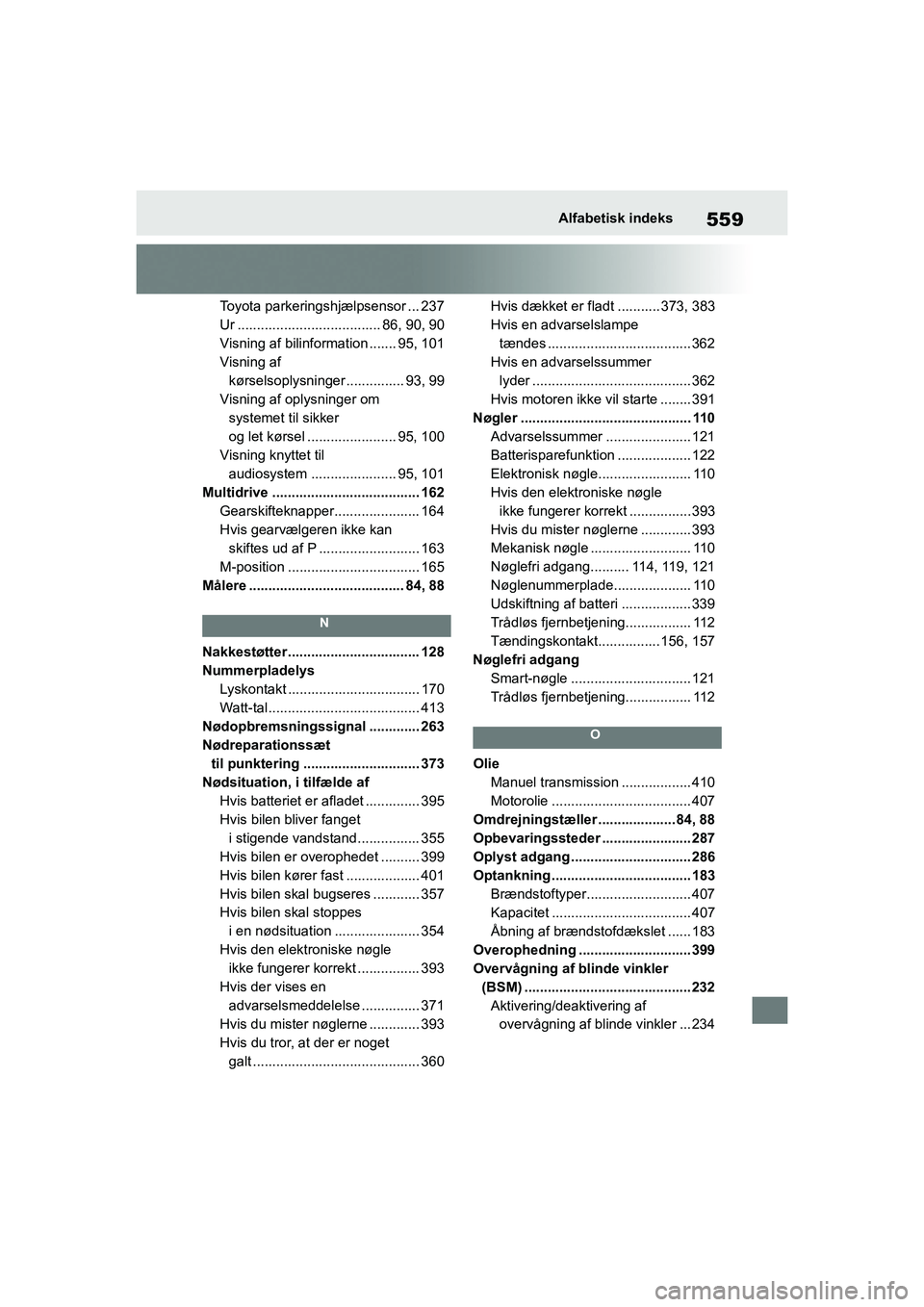 TOYOTA YARIS HATCHBACK 2021 Brugsanvisning (in Danish) 559
YARIS(HB) Owners Manual_Europe_MK0001_da
Alfabetisk indeks
Toyota parkeringshjælpsensor ... 237
Ur ..................................... 86, 90, 90
Visning af bilinformation ....... 95, 101
Visn TOYOTA YARIS HATCHBACK 2021 Brugsanvisning (in Danish) 559
YARIS(HB) Owners Manual_Europe_MK0001_da
Alfabetisk indeks
Toyota parkeringshjælpsensor ... 237
Ur ..................................... 86, 90, 90
Visning af bilinformation ....... 95, 101
Visn