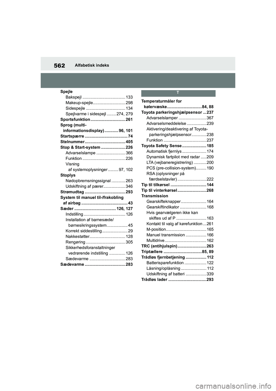 TOYOTA YARIS HATCHBACK 2021 Brugsanvisning (in Danish) 562
YARIS(HB) Owners Manual_Europe_MK0001_da
Alfabetisk indeks
Spejle Bakspejl ..................................... 133
Makeup-spejle............................ 298
Sidespejle ..................... TOYOTA YARIS HATCHBACK 2021 Brugsanvisning (in Danish) 562
YARIS(HB) Owners Manual_Europe_MK0001_da
Alfabetisk indeks
Spejle Bakspejl ..................................... 133
Makeup-spejle............................ 298
Sidespejle .....................