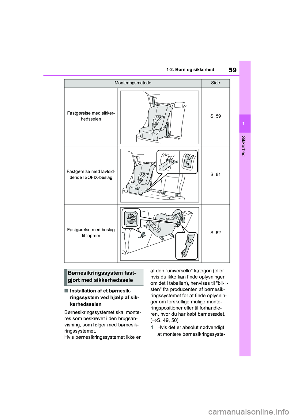 TOYOTA YARIS HATCHBACK 2021 Brugsanvisning (in Danish) 59
1
YARIS(HB) Owners Manual_Europe_MK0001_da
1-2. Børn og sikkerhed
Sikkerhed
nInstallation af et børnesik-
ringssystem ved hjælp af sik-
kerhedsselen
Børnesikringssystemet skal monte-
res som b TOYOTA YARIS HATCHBACK 2021 Brugsanvisning (in Danish) 59
1
YARIS(HB) Owners Manual_Europe_MK0001_da
1-2. Børn og sikkerhed
Sikkerhed
nInstallation af et børnesik-
ringssystem ved hjælp af sik-
kerhedsselen
Børnesikringssystemet skal monte-
res som b
