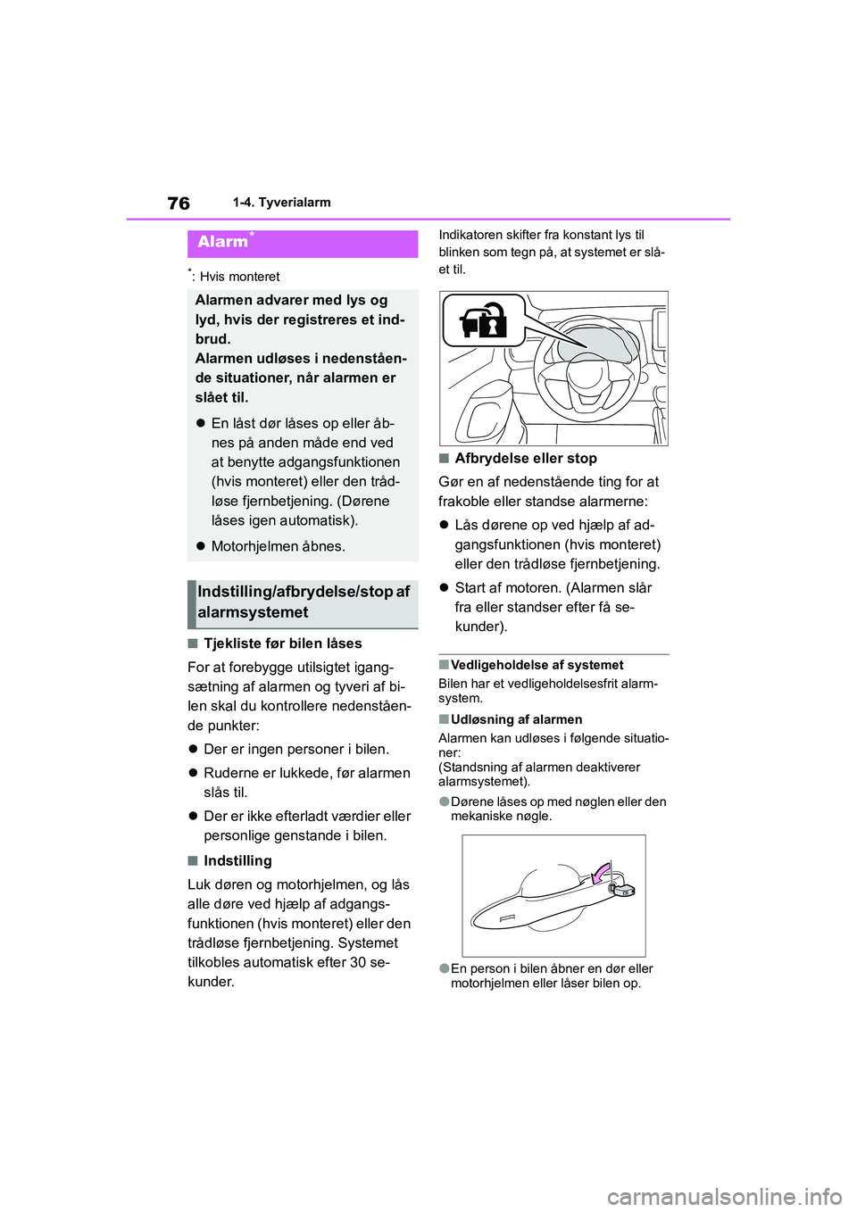 TOYOTA YARIS HATCHBACK 2021 Brugsanvisning (in Danish) 76
YARIS(HB) Owners Manual_Europe_MK0001_da
1-4. Tyverialarm
*: Hvis monteret
nTjekliste før bilen låses
For at forebygge utilsigtet igang-
sætning af alarmen og tyveri af bi-
len skal du kontroll TOYOTA YARIS HATCHBACK 2021 Brugsanvisning (in Danish) 76
YARIS(HB) Owners Manual_Europe_MK0001_da
1-4. Tyverialarm
*: Hvis monteret
nTjekliste før bilen låses
For at forebygge utilsigtet igang-
sætning af alarmen og tyveri af bi-
len skal du kontroll