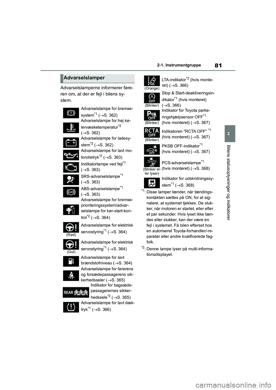 TOYOTA YARIS HATCHBACK 2021 Brugsanvisning (in Danish) 81
2
YARIS(HB) Owners Manual_Europe_MK0001_da
2-1. Instrumentgruppe
Bilens statusoplysninger og indikatorer
Advarselslamperne informerer føre-
ren om, at der er fejl i bilens sy-
stem.
*1: Disse lam TOYOTA YARIS HATCHBACK 2021 Brugsanvisning (in Danish) 81
2
YARIS(HB) Owners Manual_Europe_MK0001_da
2-1. Instrumentgruppe
Bilens statusoplysninger og indikatorer
Advarselslamperne informerer føre-
ren om, at der er fejl i bilens sy-
stem.
*1: Disse lam