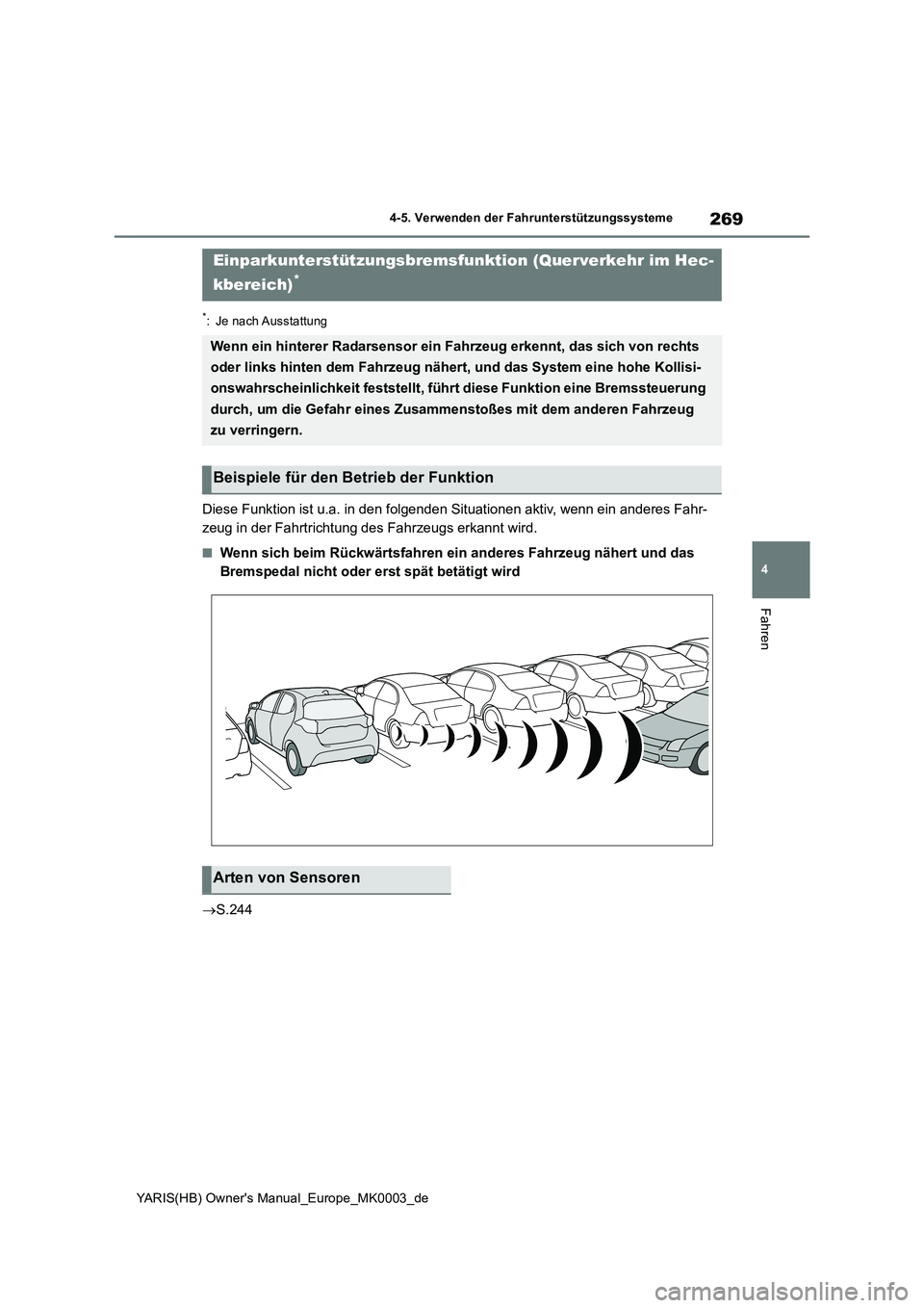 TOYOTA YARIS HATCHBACK 2021  Betriebsanleitungen (in German) 269
4
YARIS(HB) Owners Manual_Europe_MK0003_de
4-5. Verwenden der Fahrunterstützungssysteme
Fahren
*: Je nach Ausstattung
Diese Funktion ist u.a. in den folgenden Situationen aktiv, wenn ein anderes