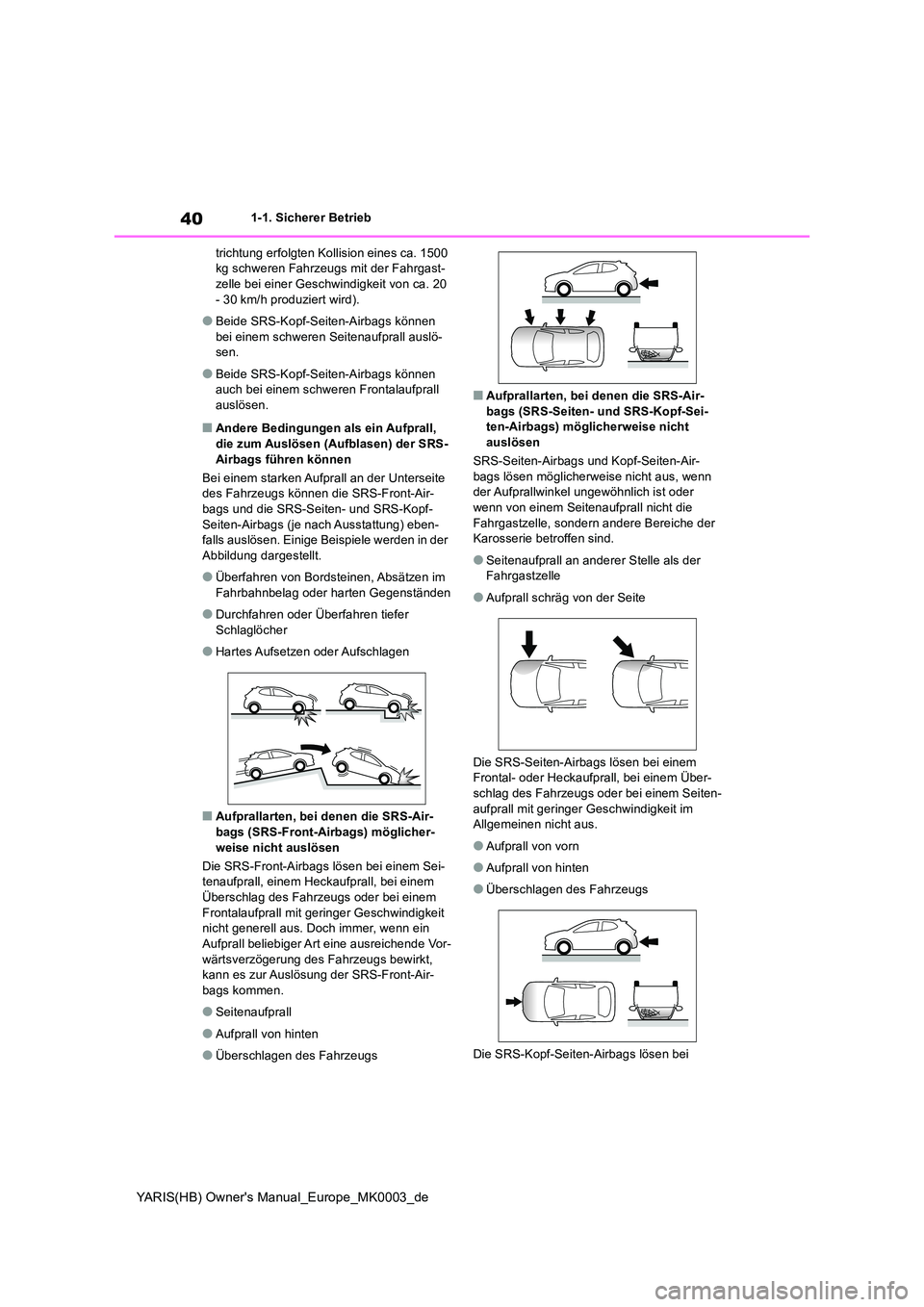 TOYOTA YARIS HATCHBACK 2021  Betriebsanleitungen (in German) 40
YARIS(HB) Owners Manual_Europe_MK0003_de
1-1. Sicherer Betrieb 
trichtung erfolgten Kollision eines ca. 1500  kg schweren Fahrzeugs mit der Fahrgast-zelle bei einer Geschwindigkeit von ca. 20  
- 