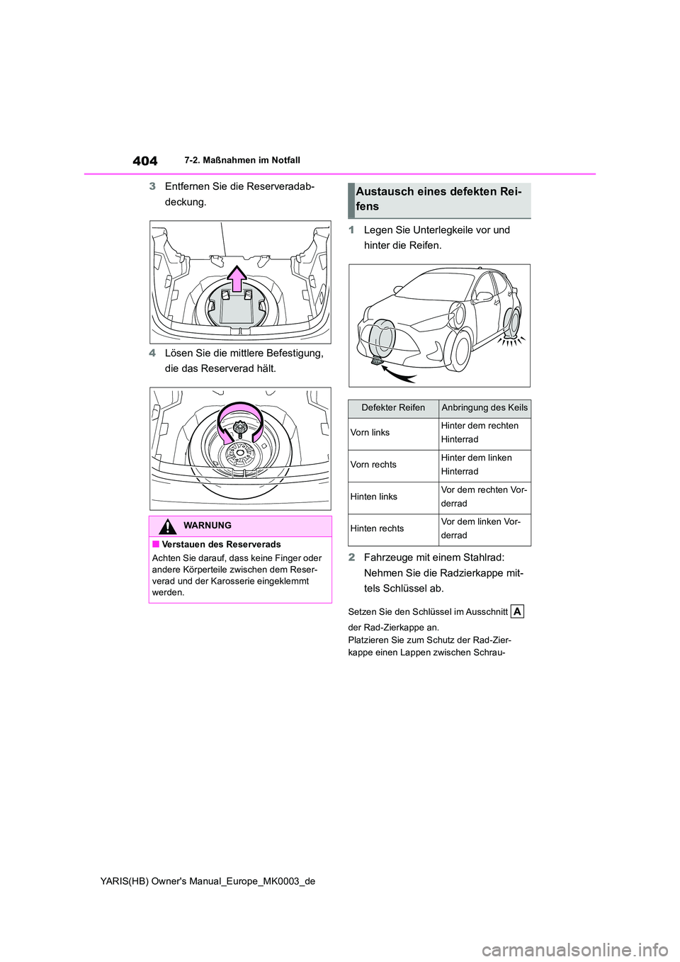 TOYOTA YARIS HATCHBACK 2021  Betriebsanleitungen (in German) 404
YARIS(HB) Owners Manual_Europe_MK0003_de
7-2. Maßnahmen im Notfall
3Entfernen Sie die Reserveradab- 
deckung. 
4 Lösen Sie die mittlere Befestigung,  
die das Reserverad hält. 
1 Legen Sie Unt