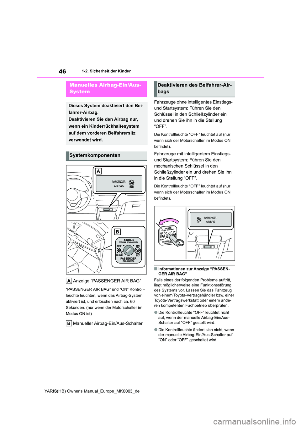 TOYOTA YARIS HATCHBACK 2021  Betriebsanleitungen (in German) 46
YARIS(HB) Owners Manual_Europe_MK0003_de
1-2. Sicherheit der Kinder
1-2.Sicherheit der Kind er
Anzeige “PASSENGER AIR BAG”
“PASSENGER AIR BAG” und “ON” Kontroll- 
leuchte leuchten, wen
